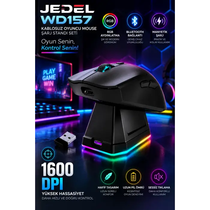 Jedel WD157 1600 DPI Bluetooth + 2.4GHz Kablosuz Oyuncu Mouse Şarj Standı Seti