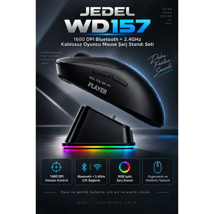 Jedel WD157 1600 DPI Bluetooth + 2.4GHz Kablosuz Oyuncu Mouse Şarj Standı Seti