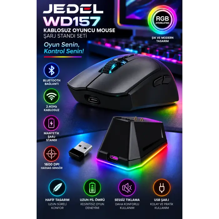 Jedel WD157 1600 DPI Bluetooth + 2.4GHz Kablosuz Oyuncu Mouse Şarj Standı Seti