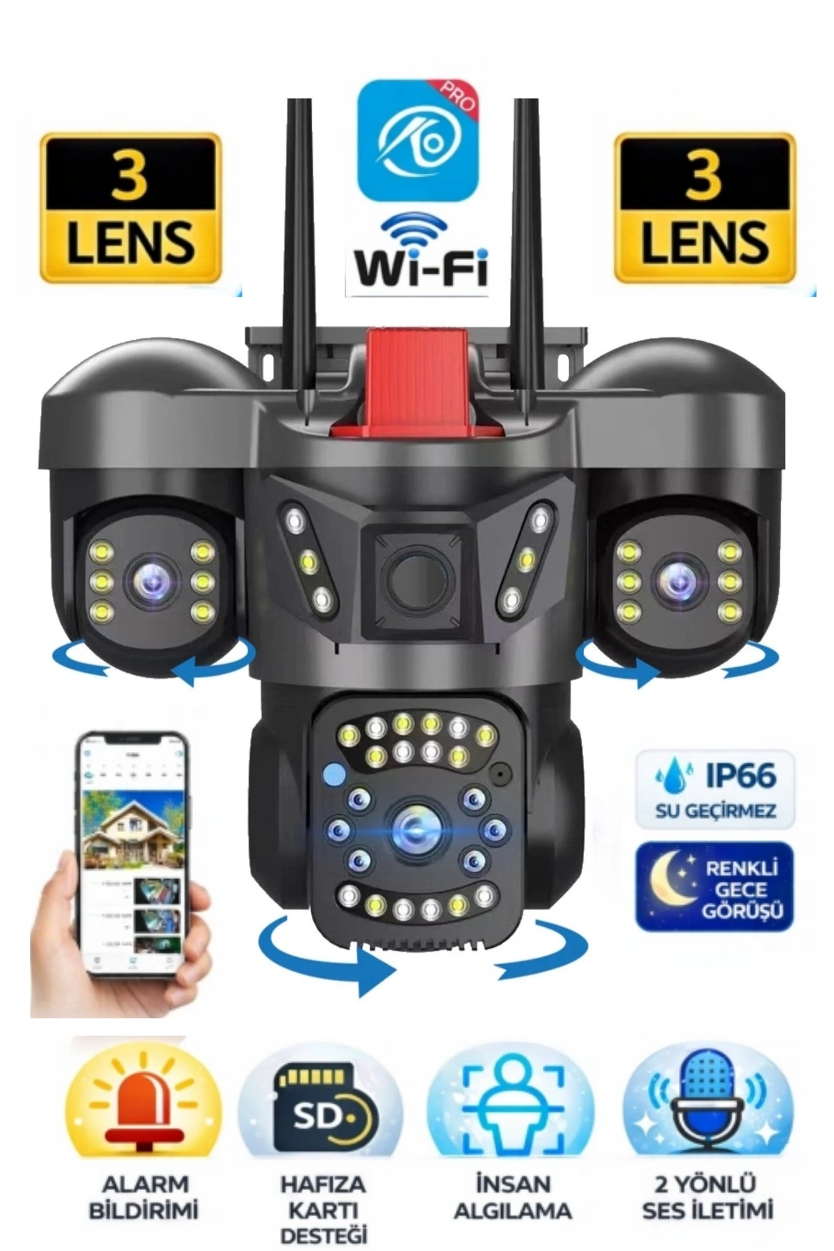 O-kam Pro Okam-5011 3 Lensli 9MP Wifi PTZ Dış Mekan Güvenlik Kamerası