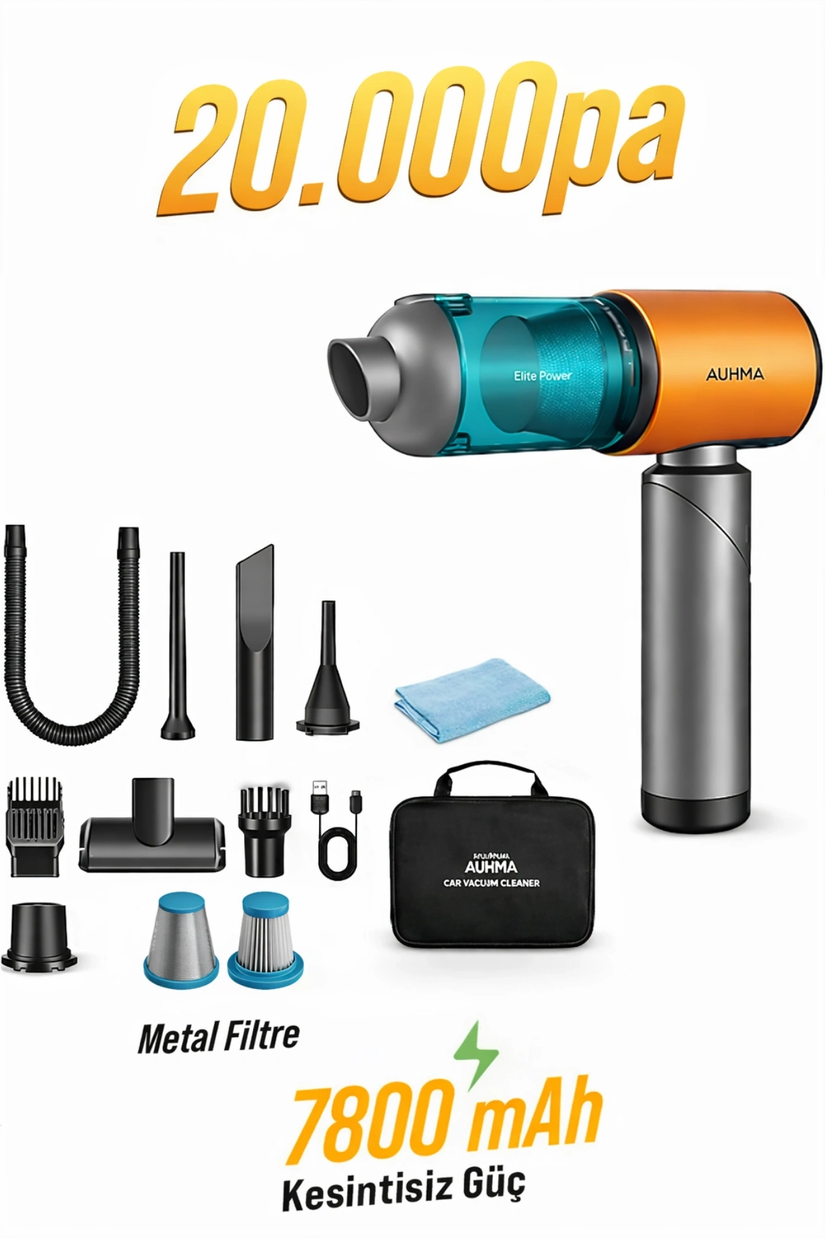 Auhma Elite Power AHV-27 Şarjlı Araç Süpürgesi -20.000 PA Emiş Gücü 7800 Mah