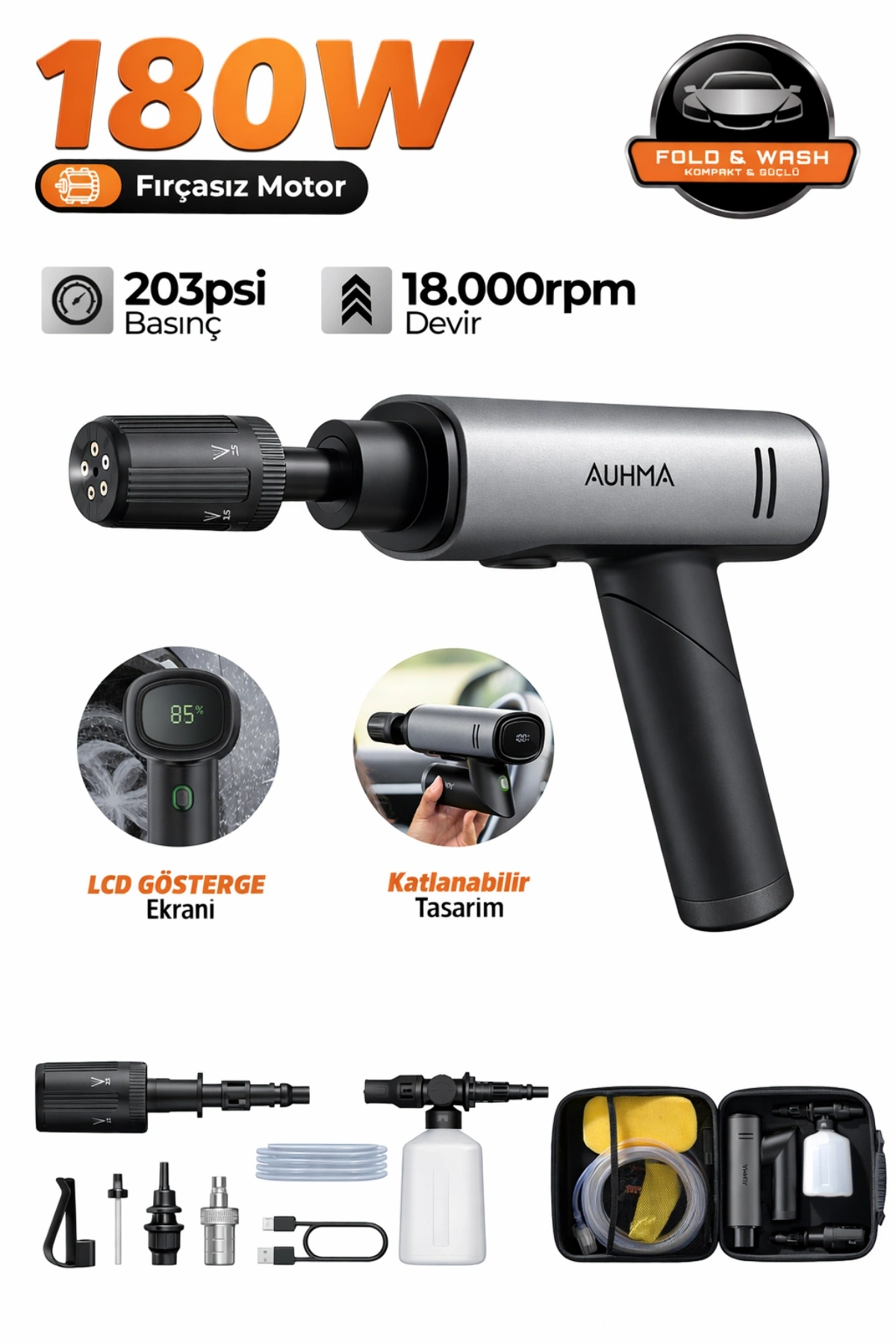 Auhma ACR-09 Şarjlı Basınçlı Yıkama Makinesi - 180W Katlanabilir Oto Yıkama Tabancası