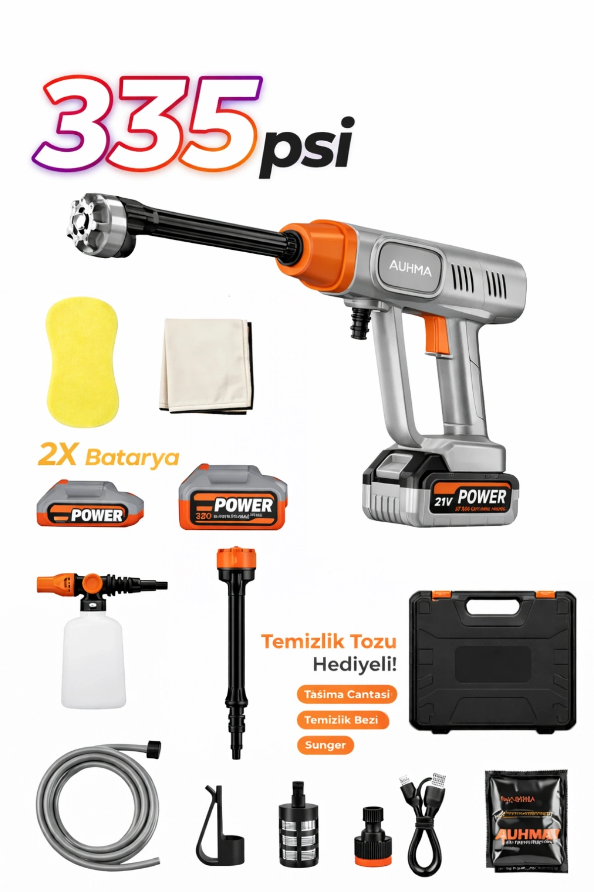 Auhma ACR-05 Şarjlı Basınçlı Oto Yıkama Makinesi - 21V Çift Bataryalı Full Aksesuar Setli