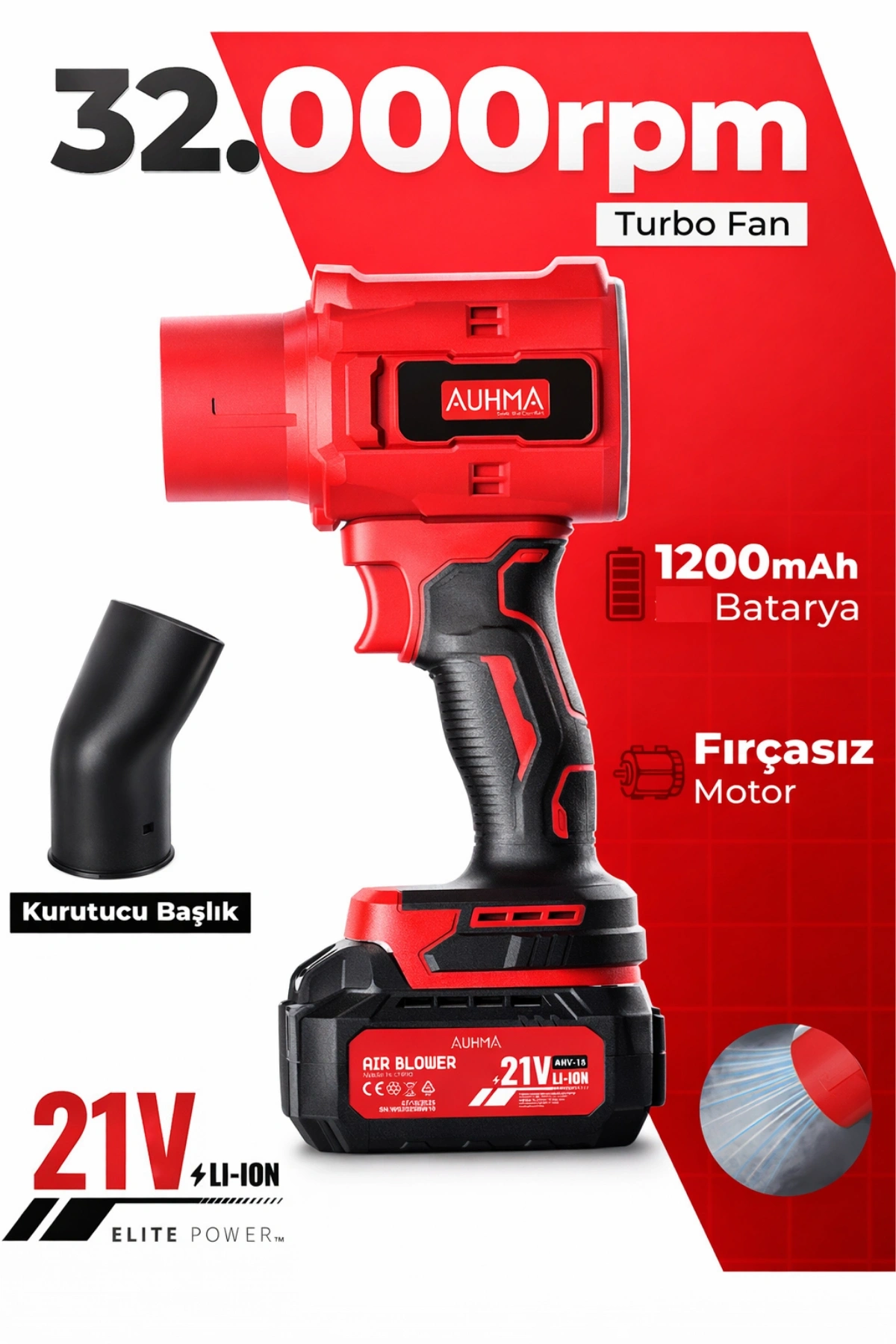 Auhma Ahv-18 21V 32.000 RPM Şarjlı Turbo Hava Üfleyici - Li-ion Jet Blower