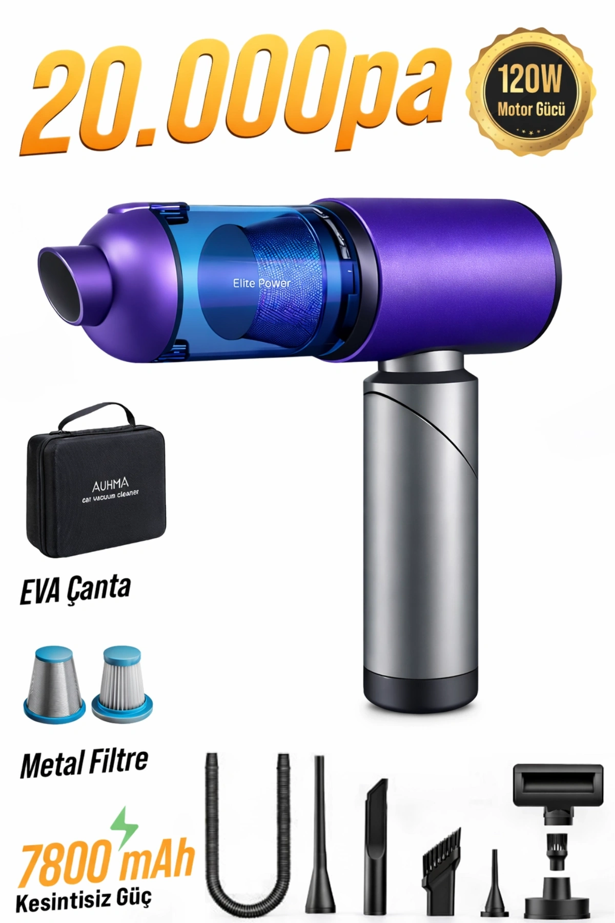 Auhma Elite Power AHV-27 Mor Şarjlı Araç Süpürgesi -20.000 PA Emiş Gücü 7800 Mah