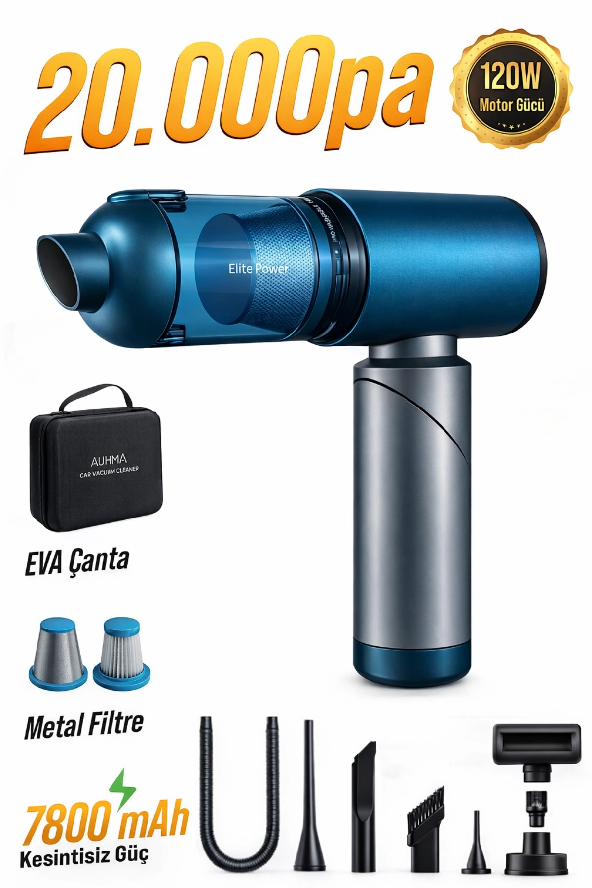 Auhma Elite Power AHV-27 Mavi Şarjlı Araç Süpürgesi -20.000 PA Emiş Gücü 7800 Mah