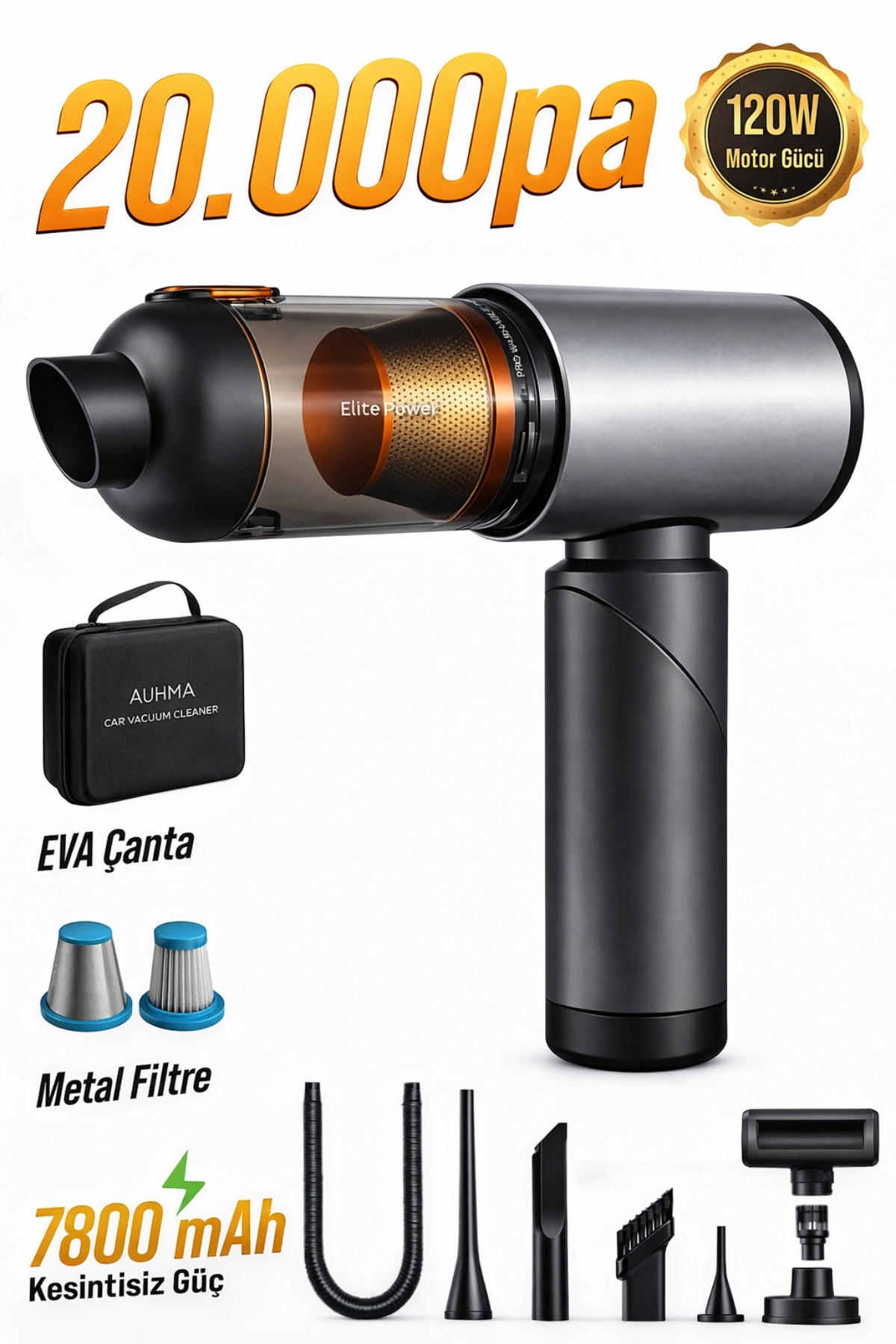 Auhma Elite Power AHV-27 Gri Şarjlı Araç Süpürgesi -20.000 PA Emiş Gücü 7800 Mah