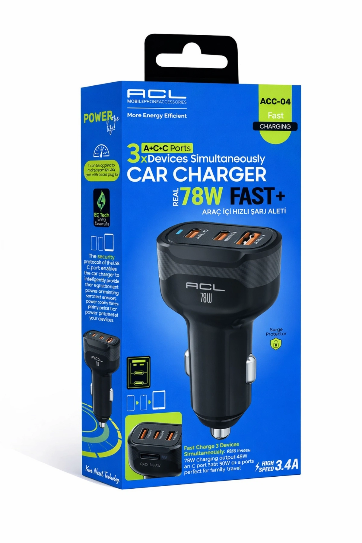Acl Acc-04 78W Süper Hızlı Araç Şarj Cihazı ? Çift PD 30W + QC 3.0 18W Üç Portlu