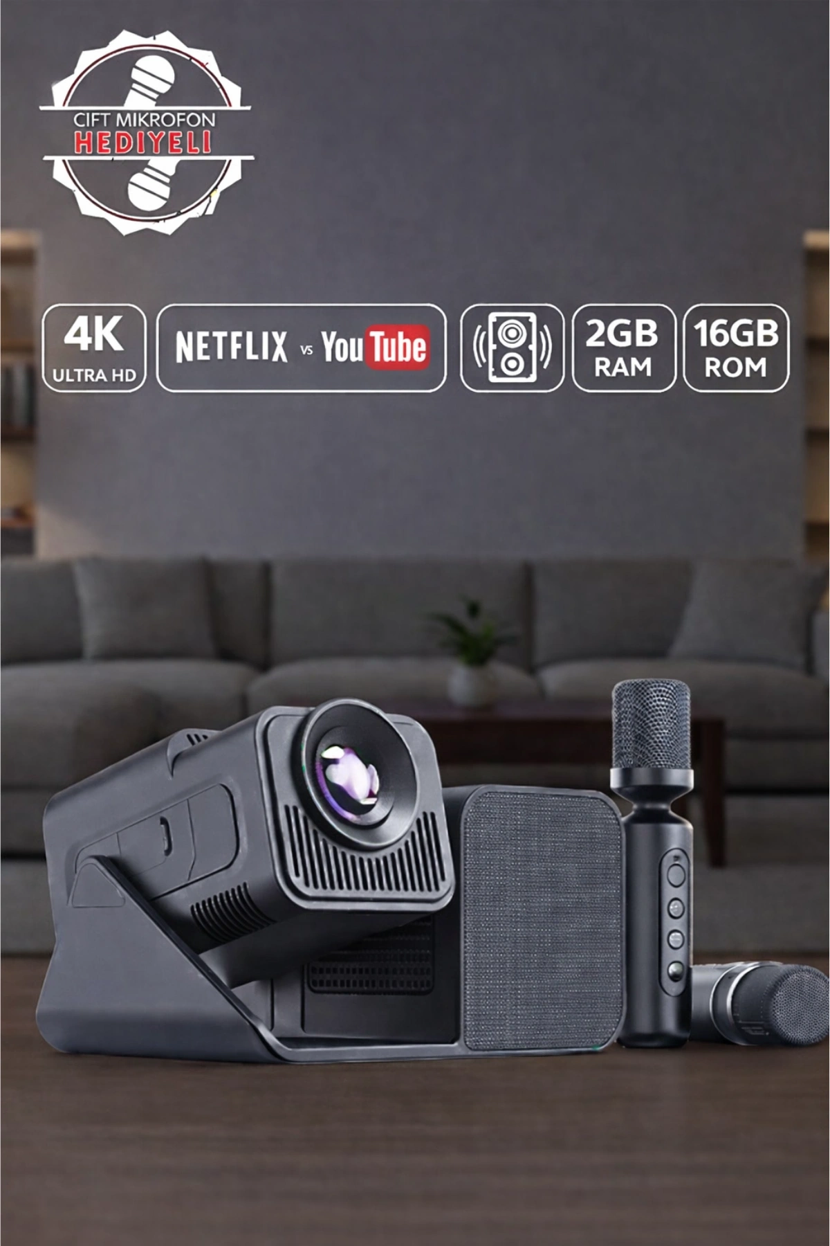 Hepu HP-SP01 Karaoke Projeksiyon Seti - Ev Sineması ve Çift Mikrofonlu Hoparlör