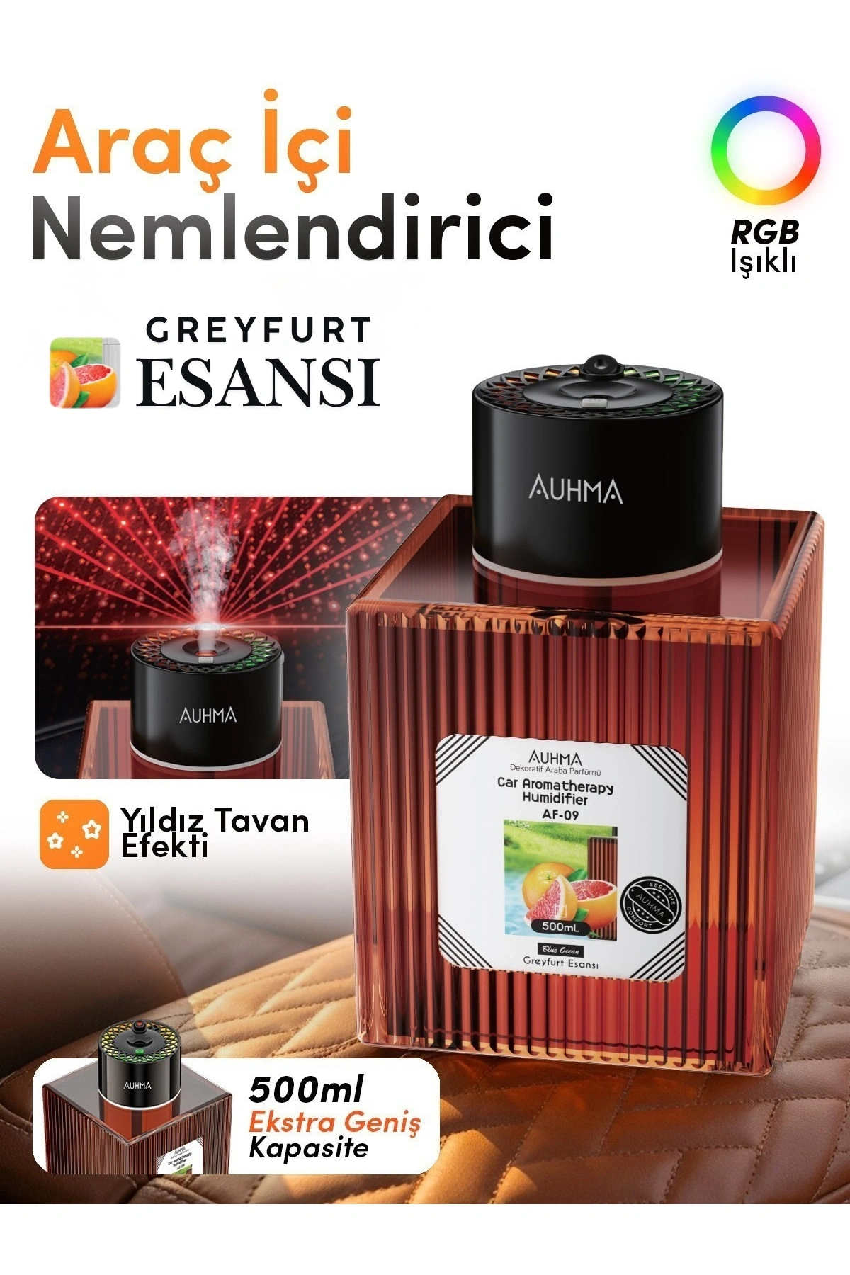 Auhma AF-09 Araç İçi Hava Nemlendirici & Koku Makinesi Mandalina Esansı  500ml Aromaterapi Difüzör + RGB Işıklı
