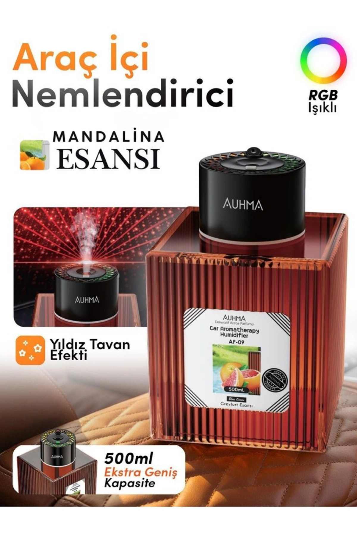 Auhma AF-09 Araç İçi Hava Nemlendirici & Koku Makinesi Mandalina Esansı  500ml Aromaterapi Difüzör + RGB Işıklı
