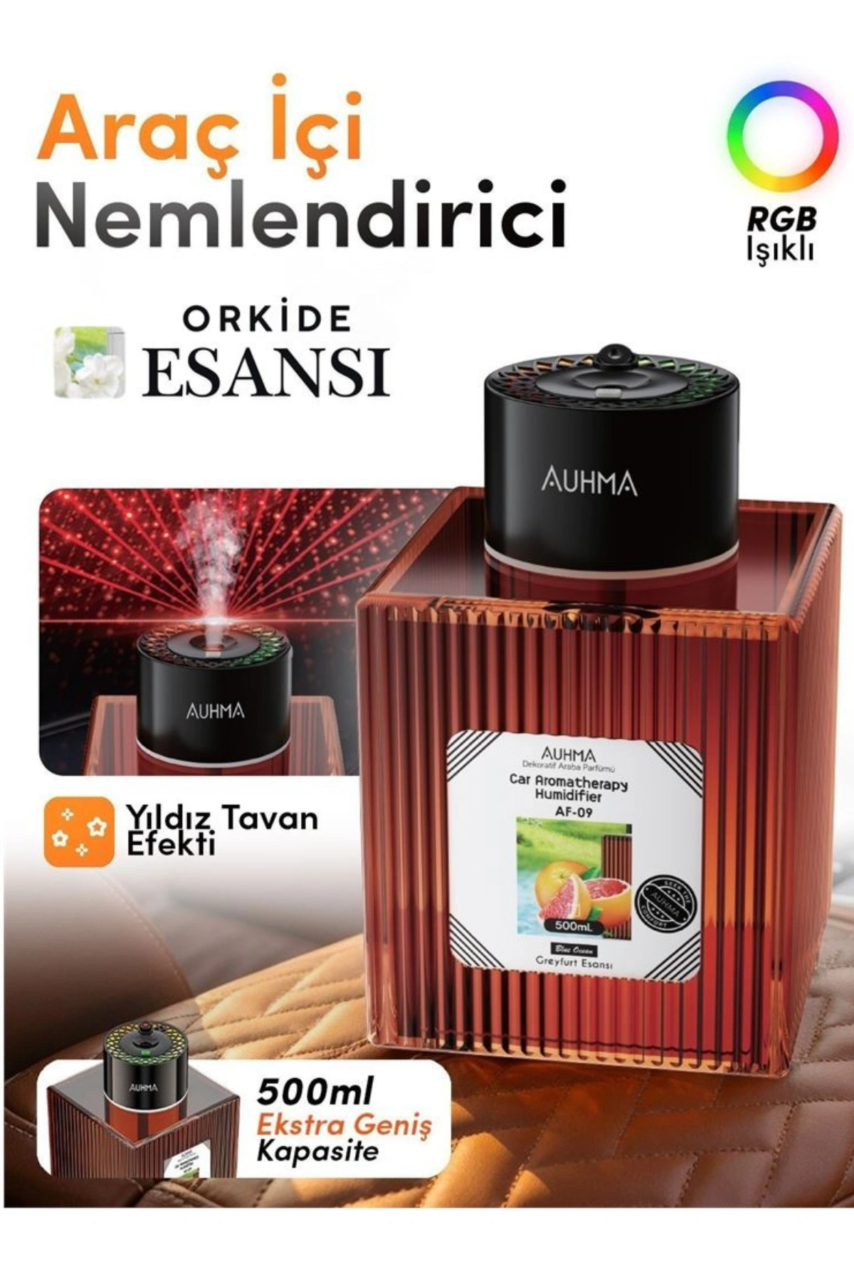 Auhma AF-09 Araç İçi Hava Nemlendirici & Koku Makinesi Orkide Esansı  500ml Aromaterapi Difüzör + RGB Işıklı