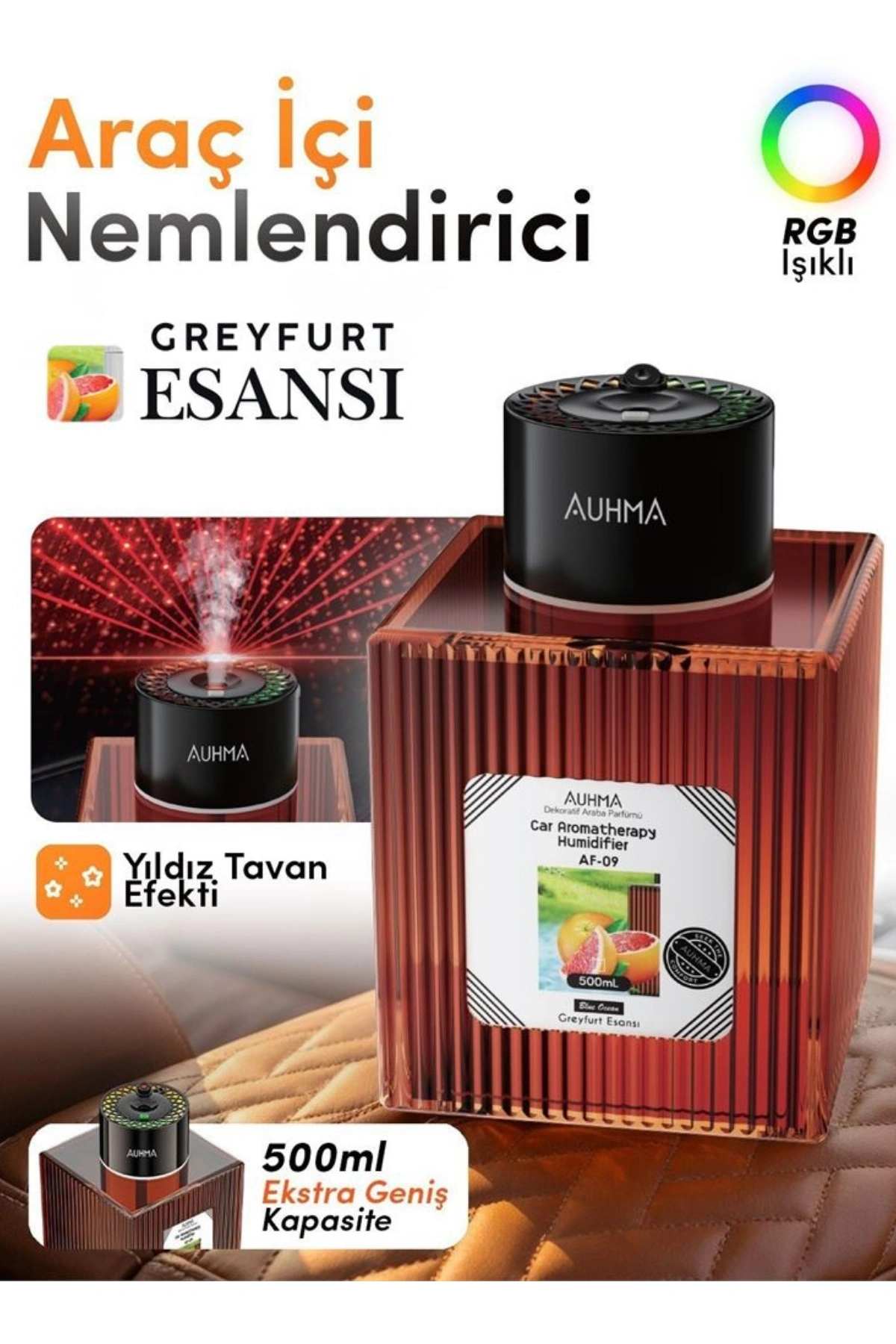 Auhma AF-09 Araç İçi Hava Nemlendirici & Koku Makinesi Greyfurt Esansı  500ml Aromaterapi Difüzör + RGB Işıklı