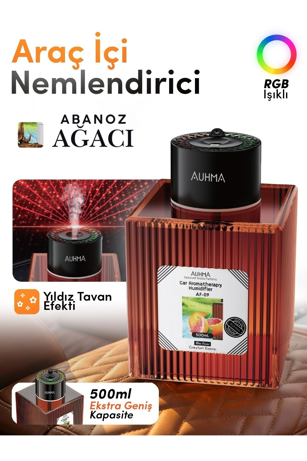 Auhma AF-09 Araç İçi Hava Nemlendirici & Koku Makinesi Abanoz Ağacı  500ml Aromaterapi Difüzör + RGB Işıklı