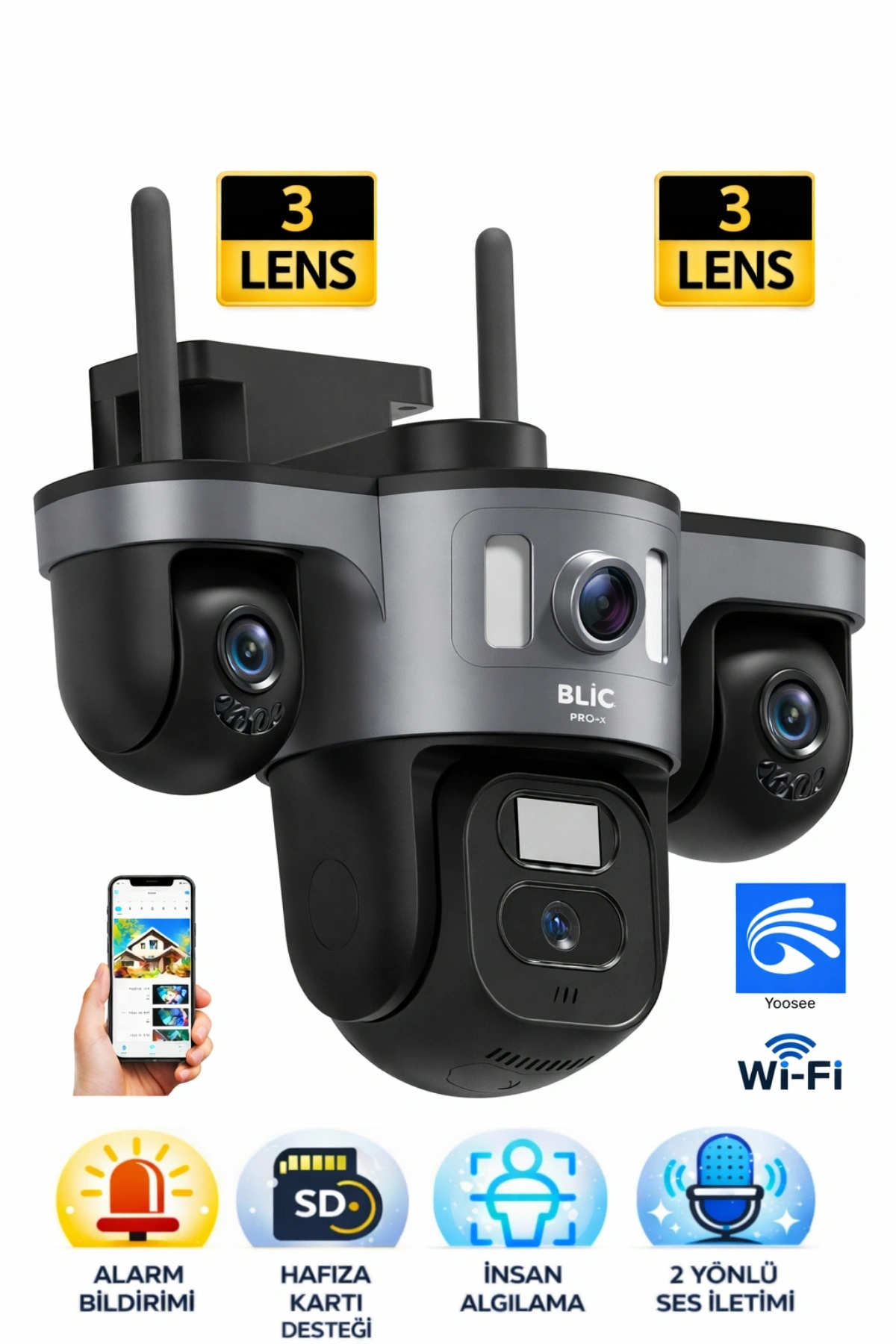 Blic Pro++ Blm-97 9MP 3 Lensli Wi-Fi PTZ Akıllı IP Kamera - Hareket Takibi ve Gece Görüşlü