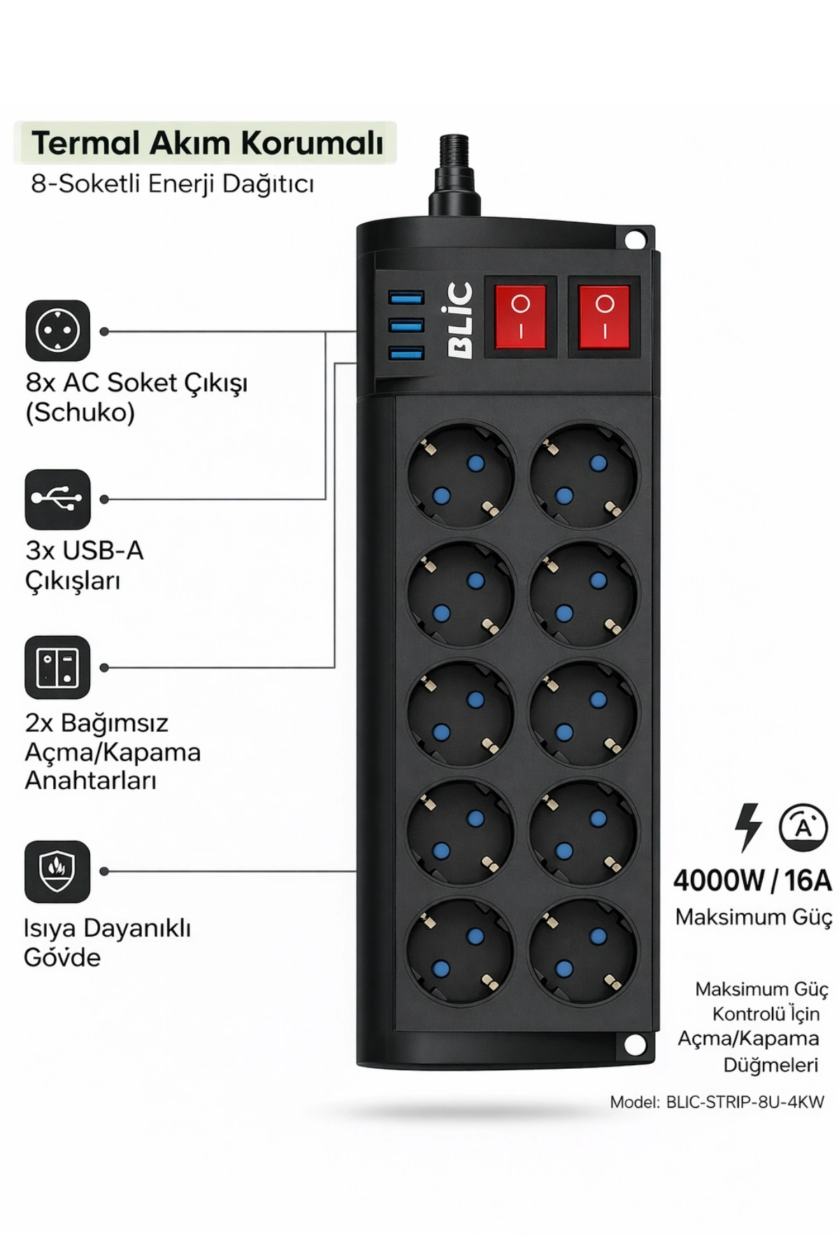 Blic Ftr-08 8 Li Akım Korumalı Priz ve 3 USB Girişli Çoklu Priz (2M Kablo)