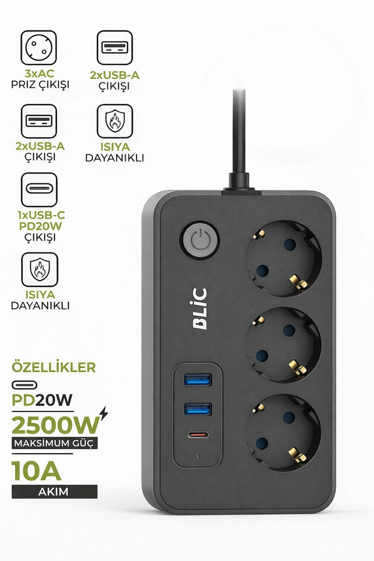 Blic Ftr-02 Akım Korumalı 3Lü Grup Priz - 2500W, 20W PD USB-C ve 2x USB-A Hızlı Şarj, 2 Metre