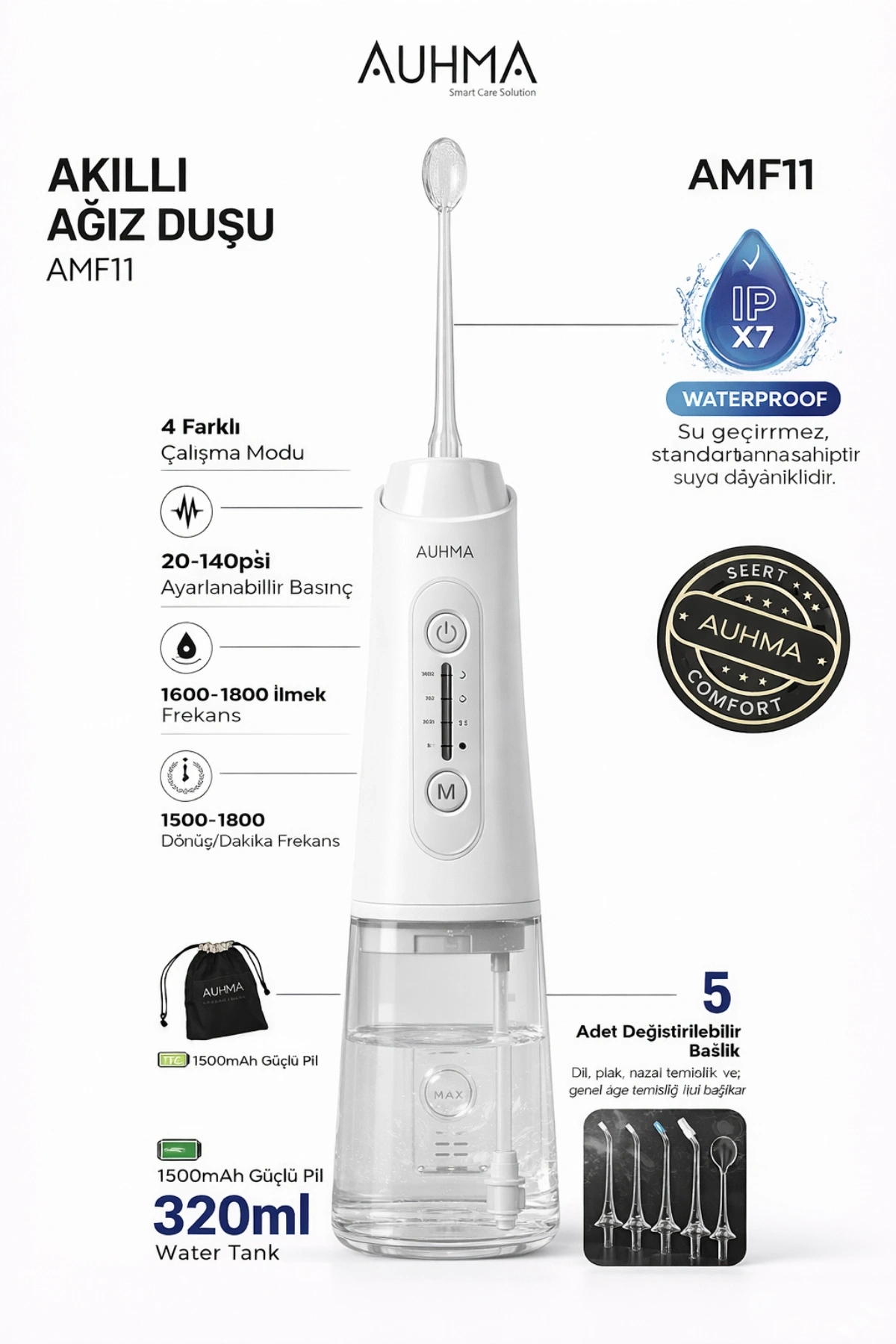 Auhma AMF11 Akıllı Şarjlı Ağız Duşu - 320ml Su Haznesi, 4 Modlu, Diş Temizleme Cihazı