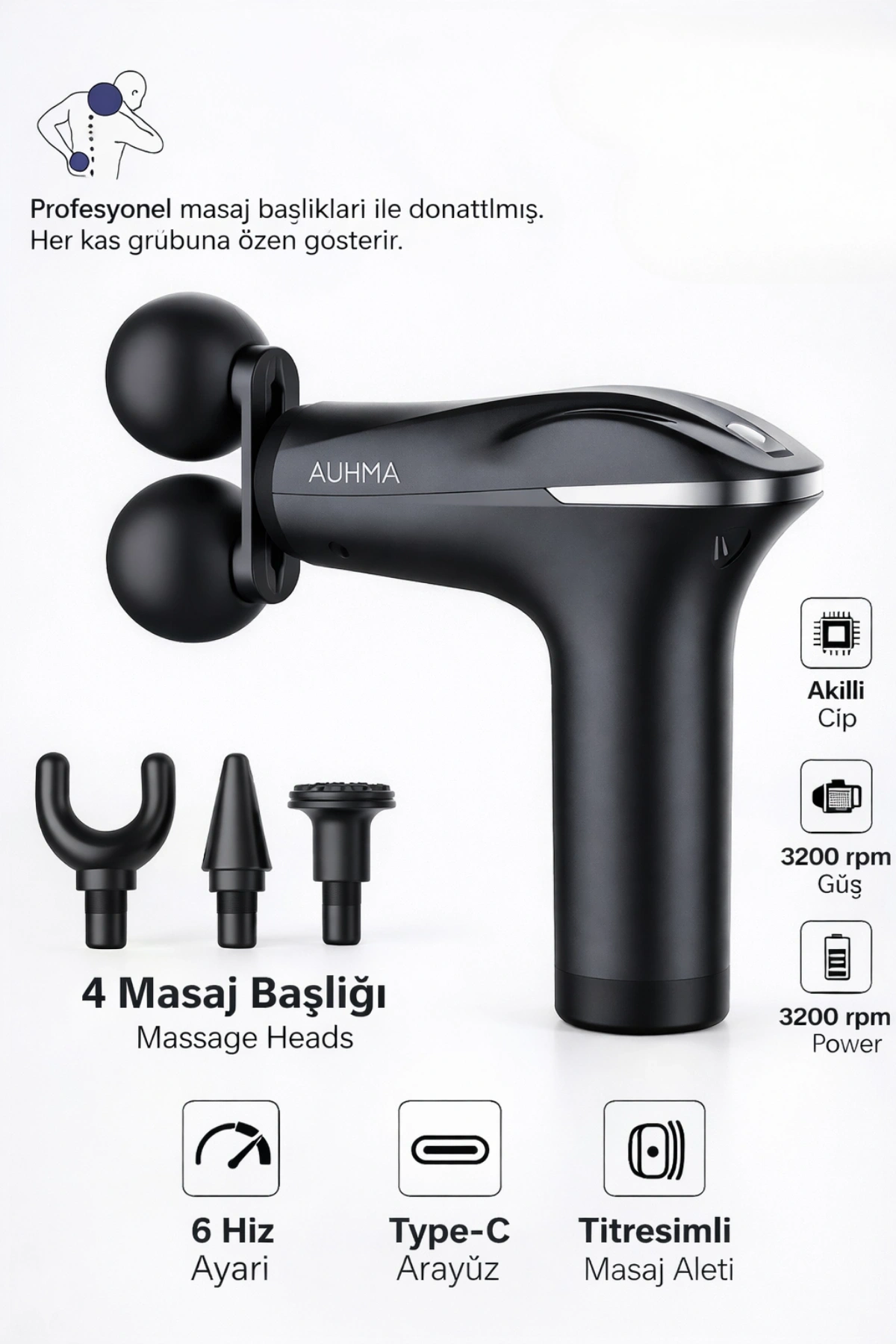 Auhma Amg18 Çift Başlıklı Şarjlı Masaj Tabancası - 6 Kademeli 3200 RPM Titreşimli Masaj Aleti