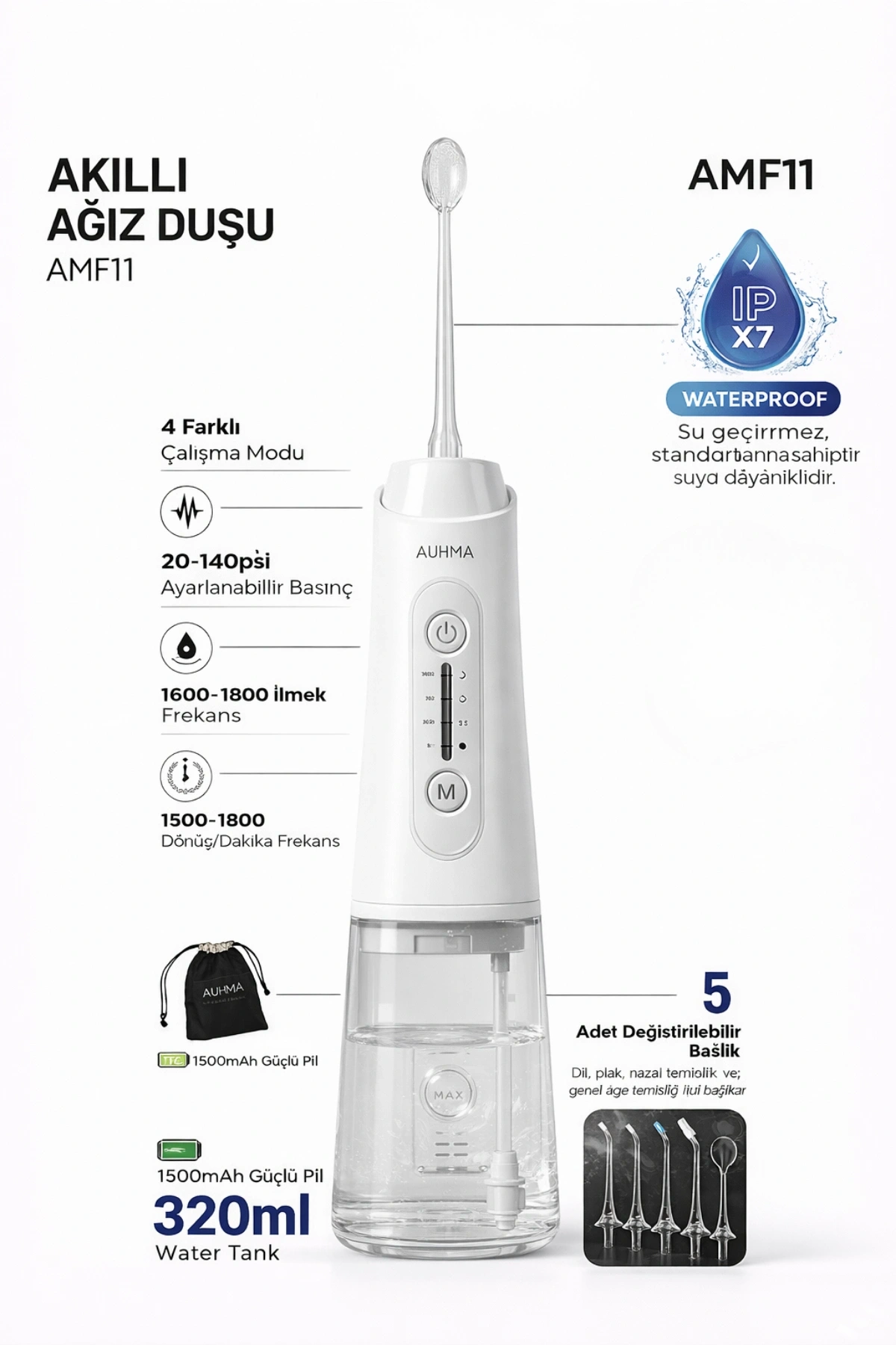 Auhma AMF11 Akıllı Şarjlı Ağız Duşu - 320ml Su Haznesi, 4 Modlu, Diş Temizleme Cihazı