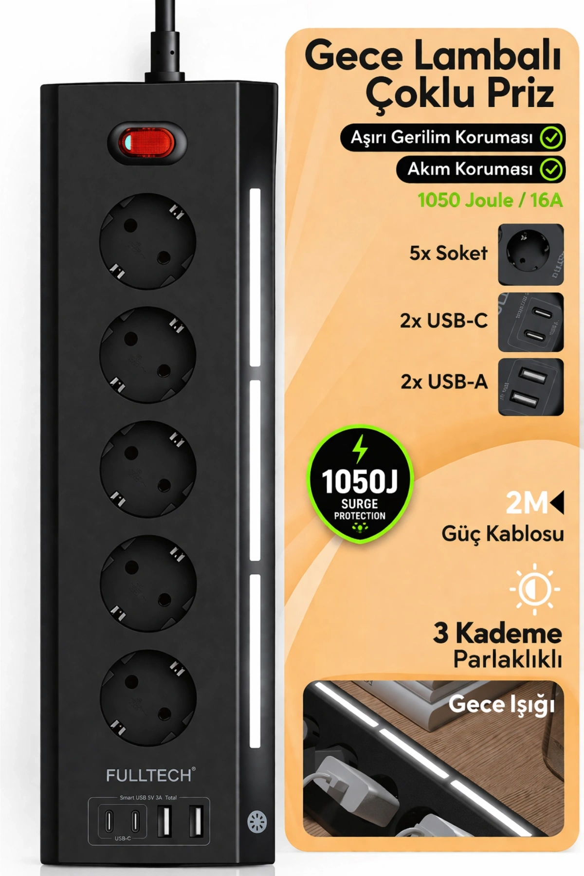 Fulltech Ftr-26 5Li Akım Korumalı Priz 2 USB-A, 2 USB-C, 3 Kademeli Gece Lambası, 2 Metre Kablo