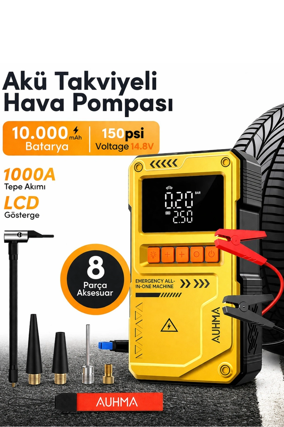 Auhma A8822 4-in-1 Akıllı Akü Takviye Cihazı ve Hava Pompası - 10000mAh Powerbank & SOS Fener