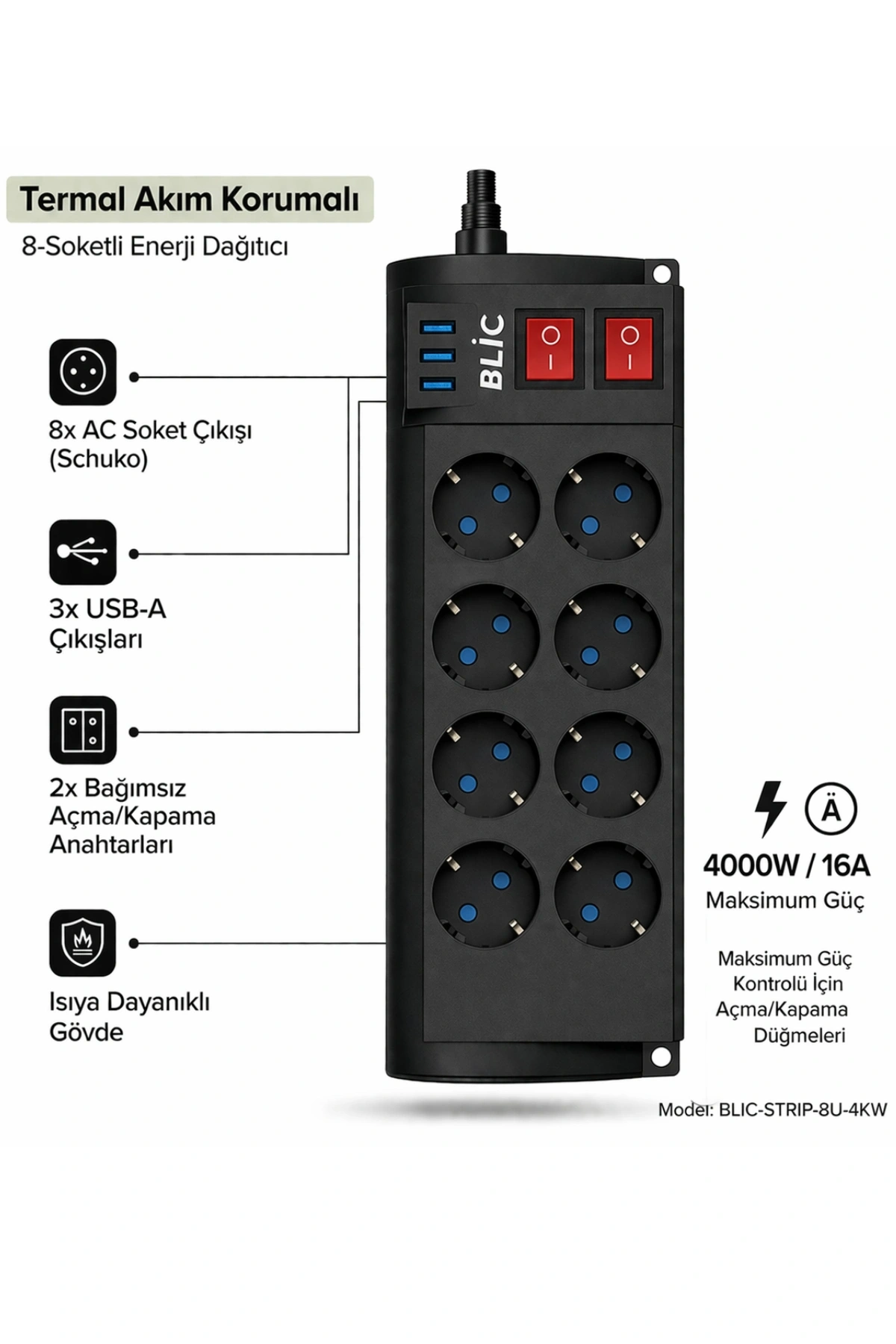 Blic Ftr-08 8 Li Akım Korumalı Priz ve 3 USB Girişli Çoklu Priz (2M Kablo)