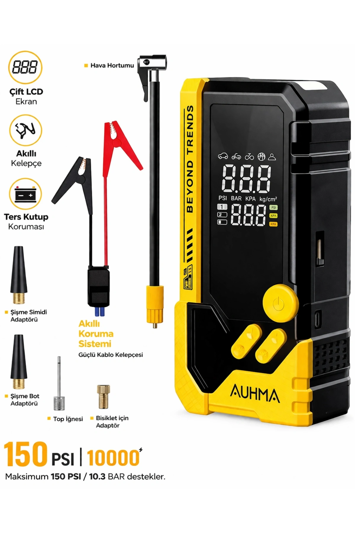 Auhma A8844 Akü Takviye Cihazı & Hava Kompresörü - 10000mAh Powerbank, 150 PSI, 1000A Peak, LED Fener