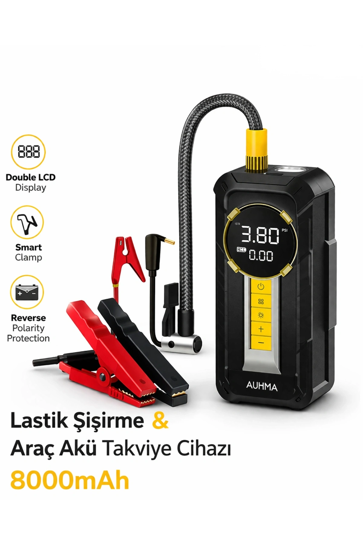 Auhma A8899 Akü Takviye Cihazı & Hava Kompresörü - 80000mAh Powerbank, 150 PSI, 1000A Peak, LED Fener