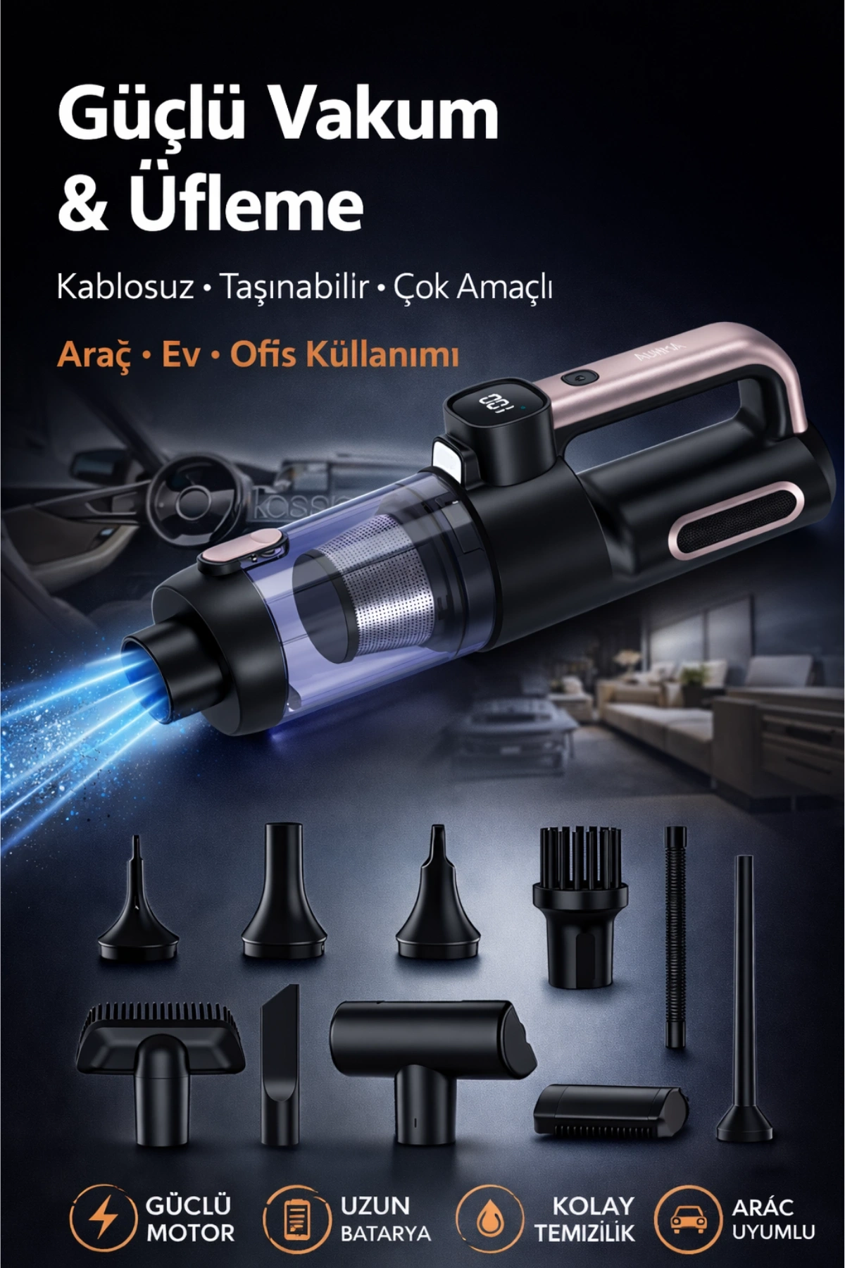 Auhma AHV-43 Şarjlı El Süpürgesi - 20.000 Pa Yüksek Emiş Gücü, 120W