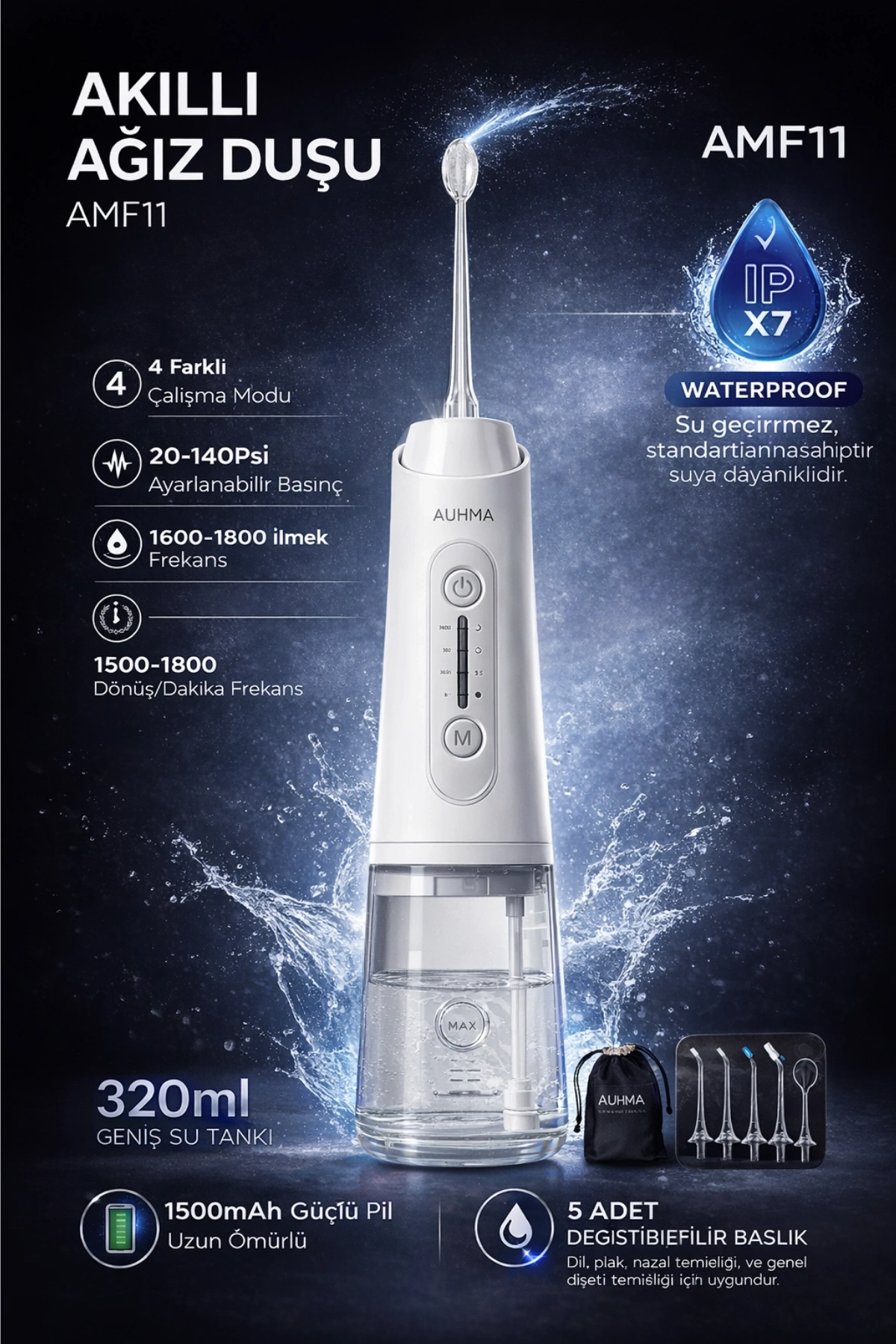 Auhma AMF11 Akıllı Şarjlı Ağız Duşu - 320ml Su Haznesi, 4 Modlu, Diş Temizleme Cihazı