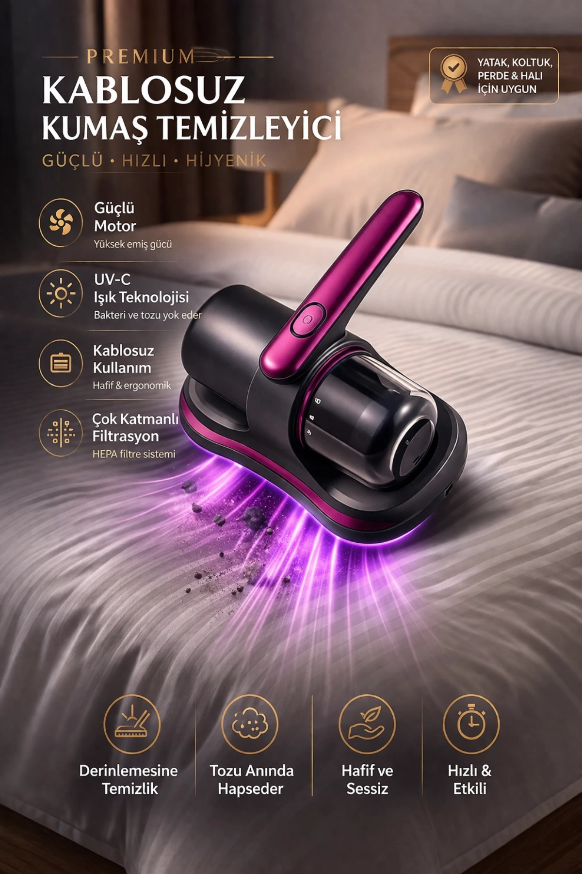 Glr G-168 Güçlü Akar Temizleyici  UV Işınlı El Tipi Yatak ve Koltuk Hijyen Süpürgesi | 100W, 12V Lityum Bataryalı