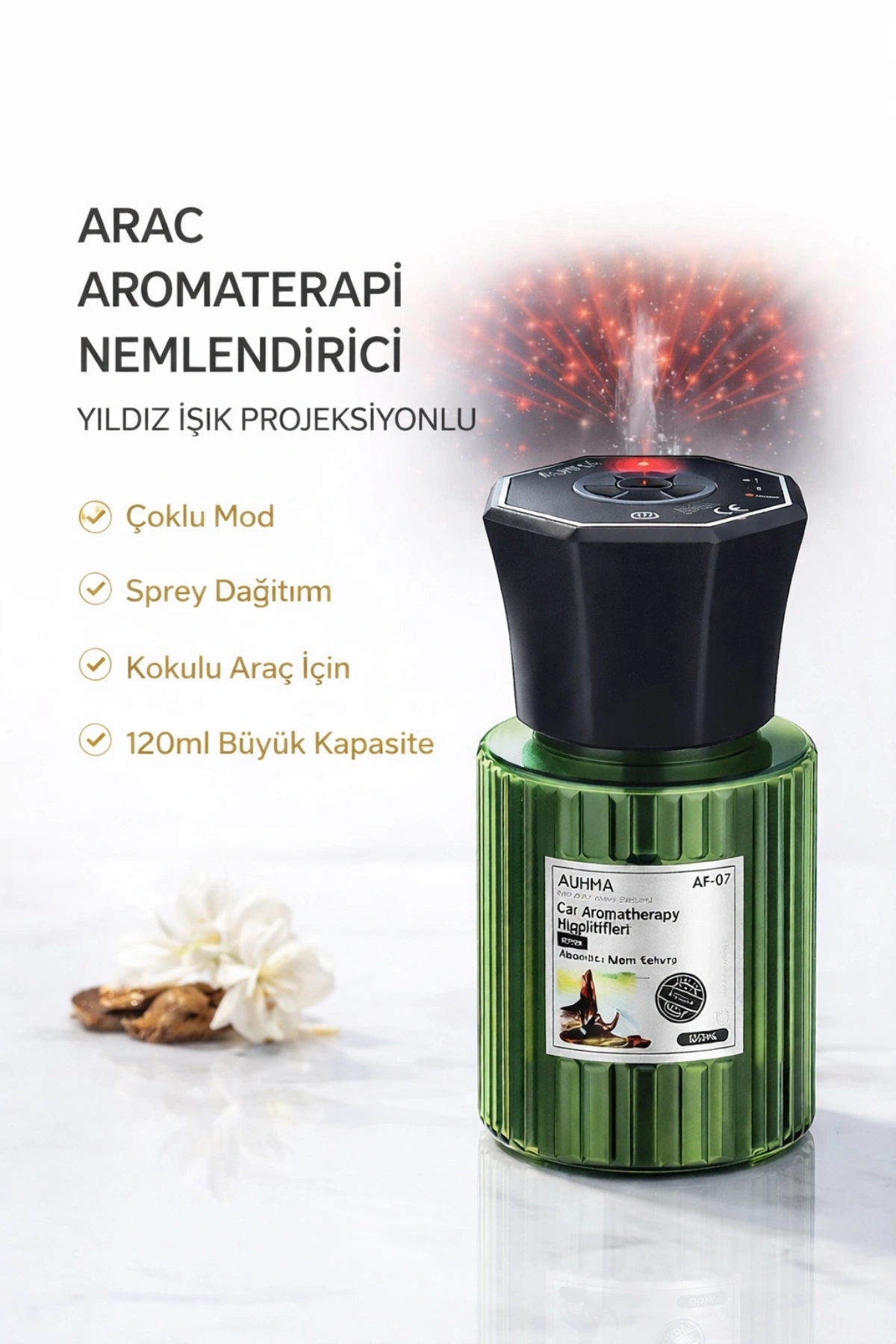 Auhma AF-07 Şarjlı Araç İçi Nemlendirici & Aromaterapi Difüzörü - Yıldız Projeksiyonlu, 120ml