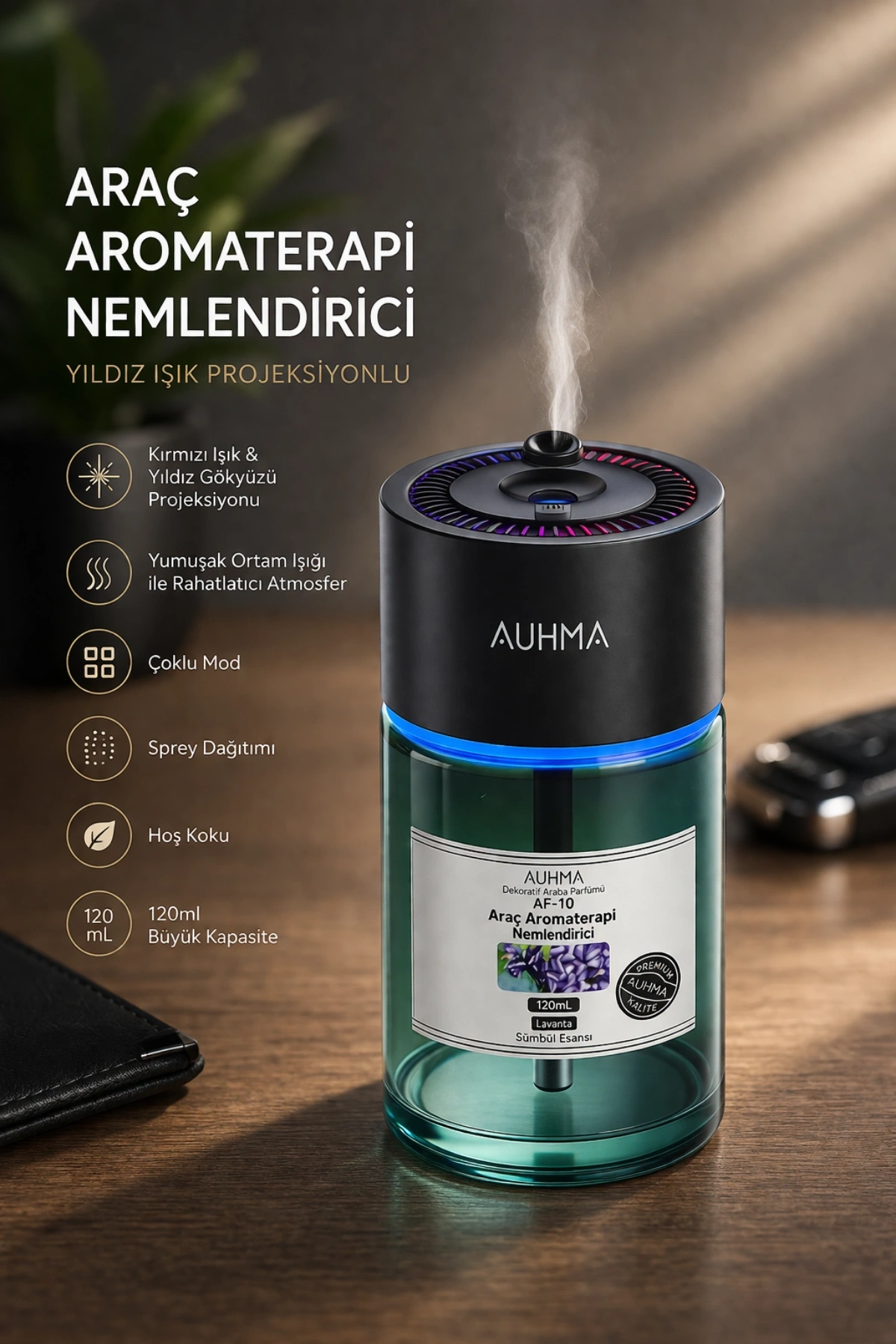 Auhma AF-10 Şarjlı Araç İçi Nemlendirici & Aromaterapi Difüzörü - Yıldız Projeksiyonlu, 120ml