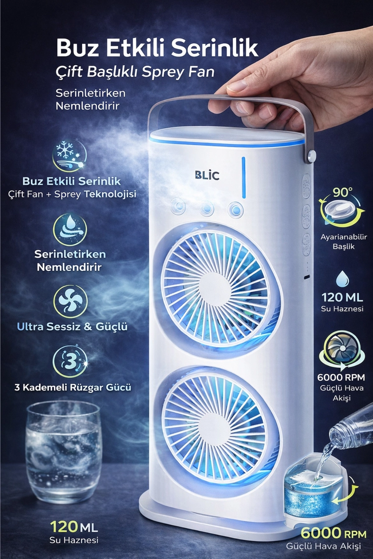 Blic BWFN26 Masaüstü Spreyli Fan - 120ml Su Hazneli, Şarjlı Taşınabilir Soğutucu Fan