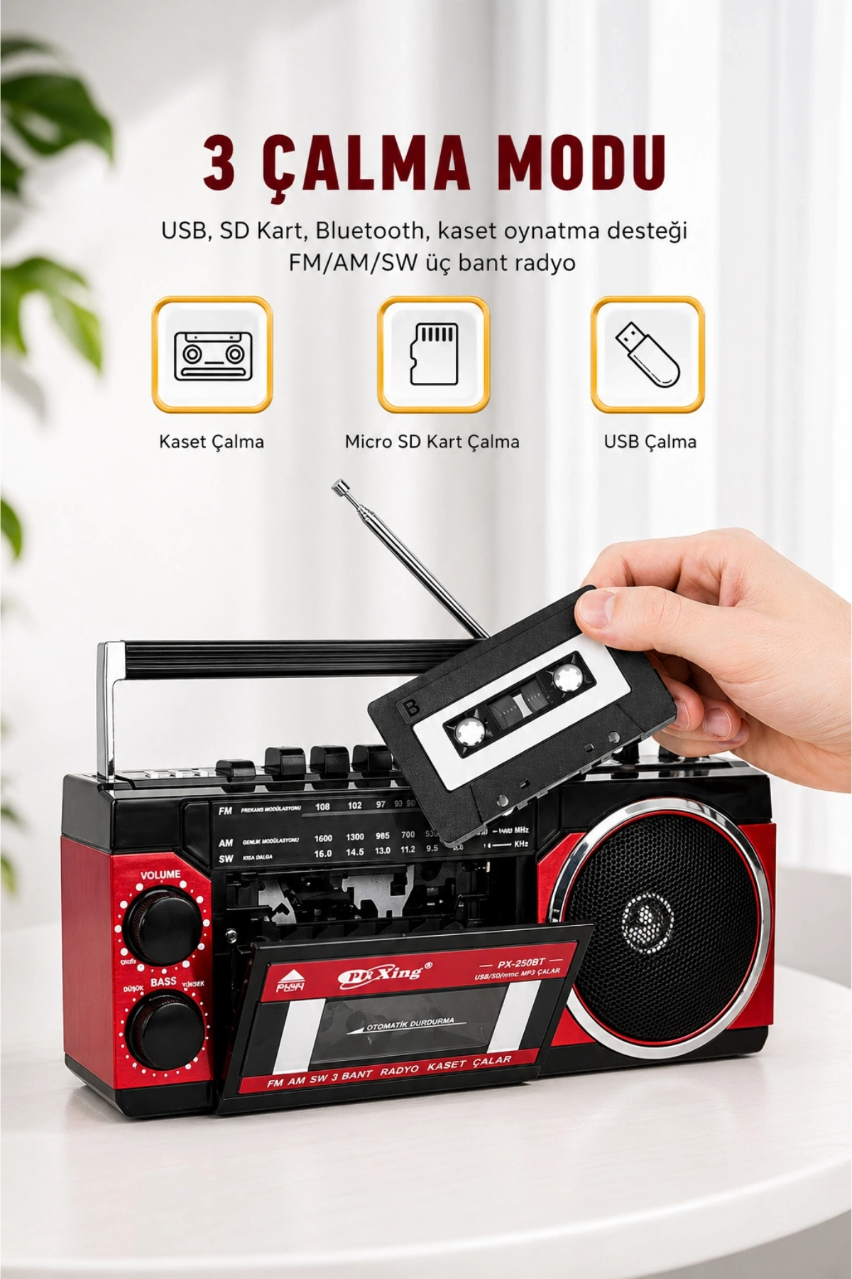 PuXing PX-250BT USB/SD Girişli Nostaljik Radyo Kasetçalar - Ses Kayıt Özellikli Bluetooth Hoparlör