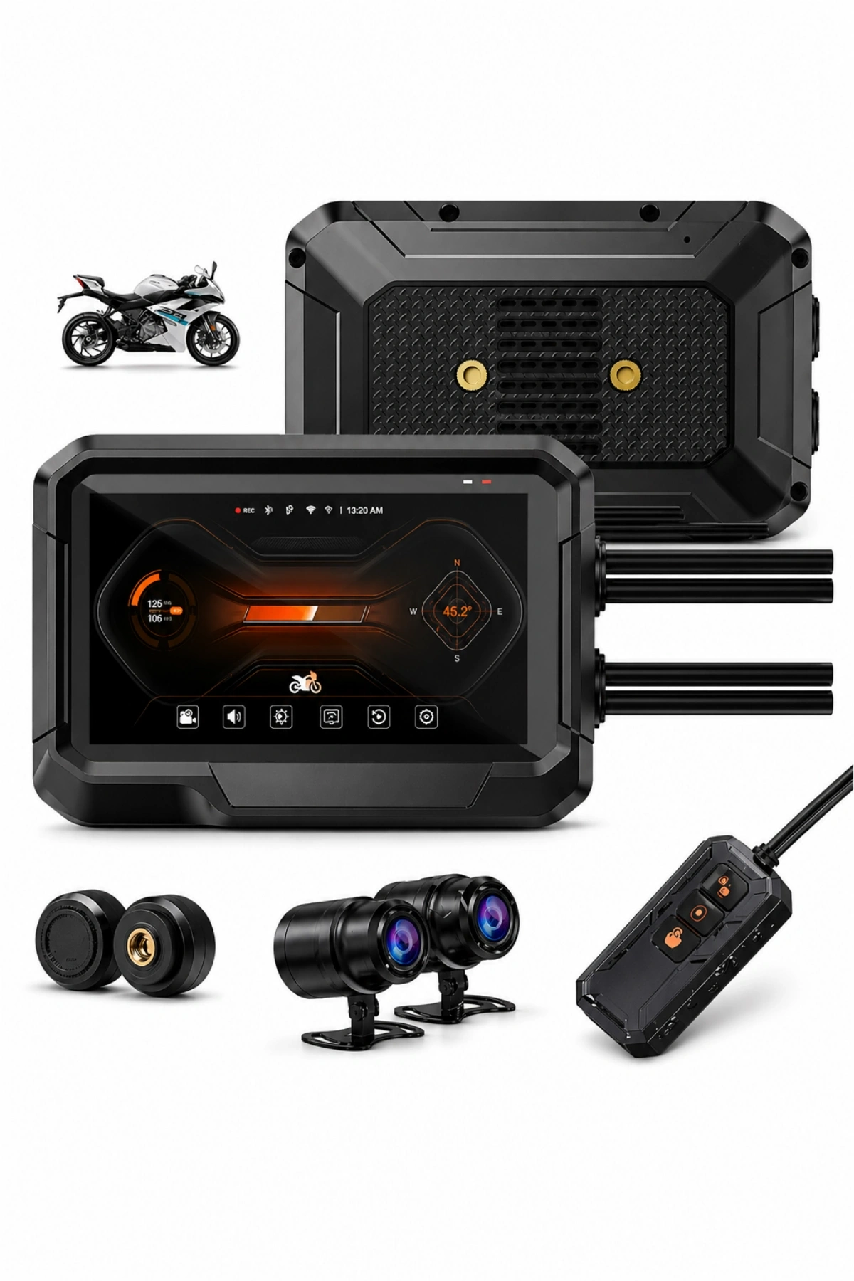 Glr T10 Motosiklet Kamera Kayıt Cihazı - Kablosuz CarPlay & Android Auto, Dual Kamera, GPS ve TPMS Desteği