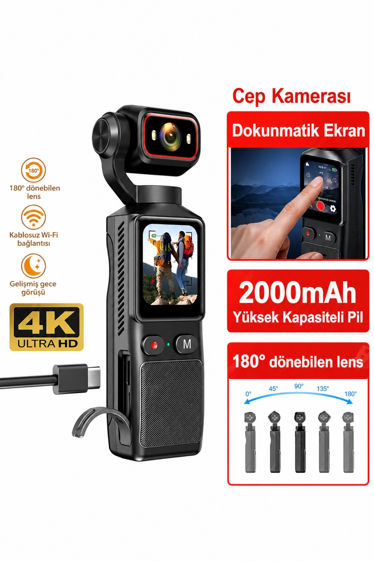Glr L19 4K Ultra HD Wi-Fi Vlog Kamerası 180 Dönebilir Lens, 6 Eksenli Sarsıntı Önleyici (Gimbal Destekli)
