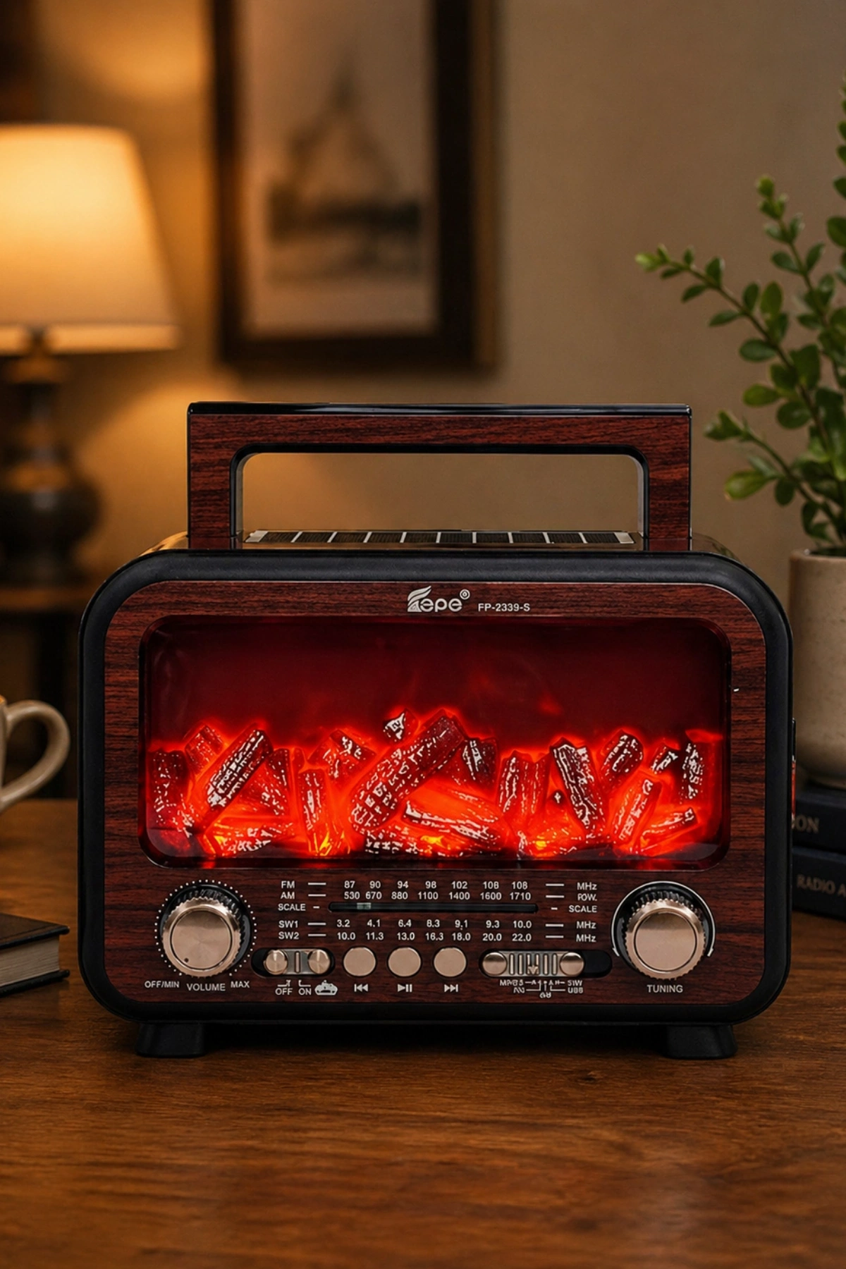 Fepe FP-2393-S Solar Panelli Nostaljik Radyo - Bluetooth Hoparlör ve Alev Efektli Gece Lambası