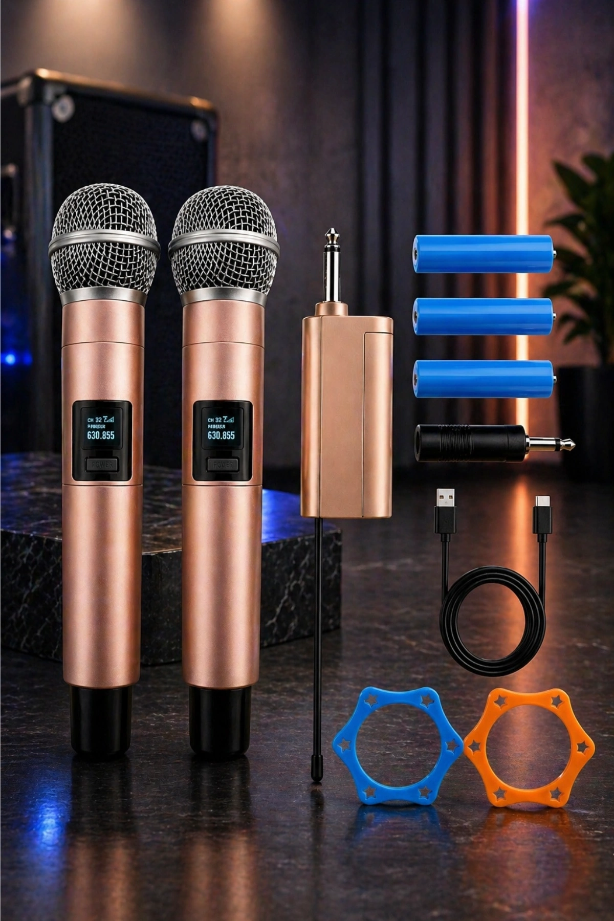 Jrl Wn-11 Profesyonel Çiftli Kablosuz El Mikrofonu Seti - UHF Bandı Şarj Edilebilir Alıcılı - Rose Gold