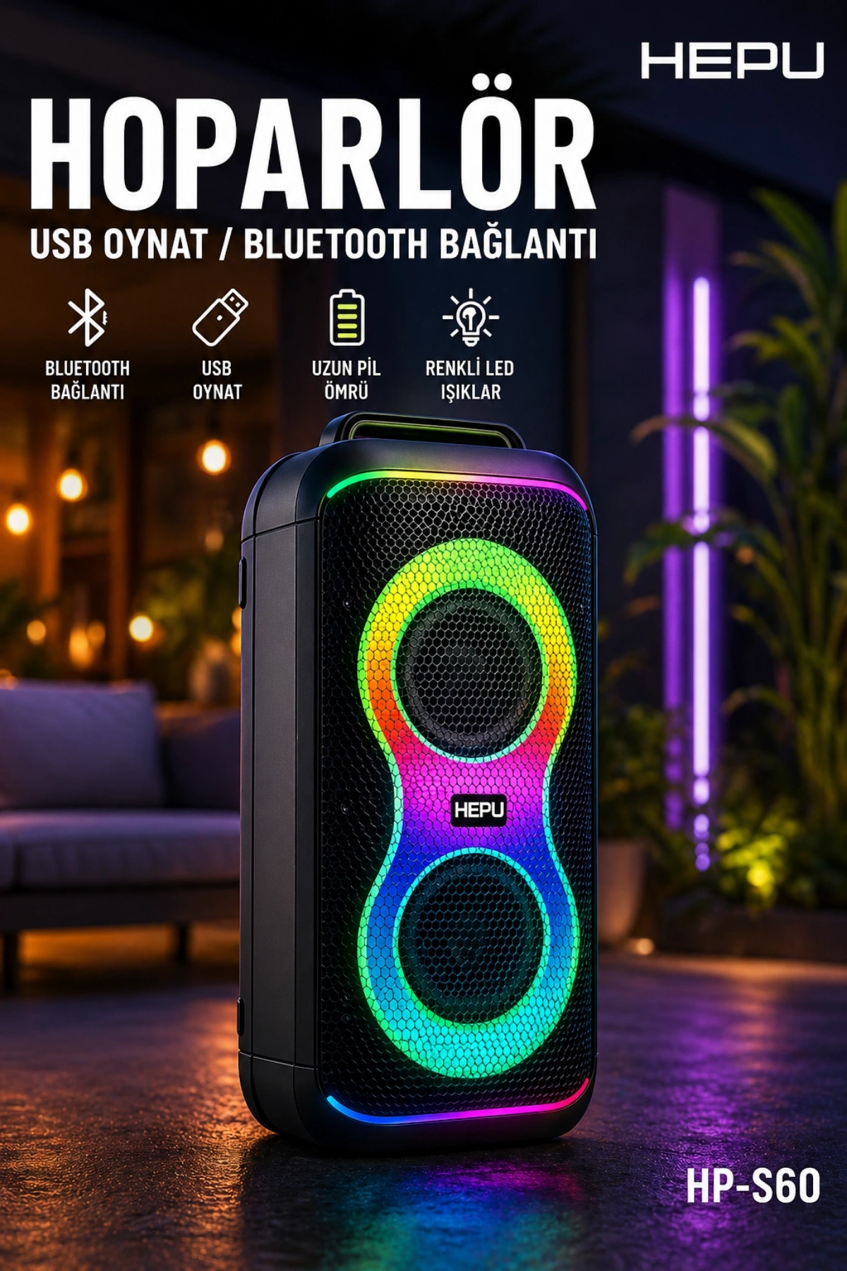 Hepu HP-S60 6000W Işıklı Karaoke Hoparlörü - Kablosuz Mikrofon Setli Parti Hoparlörü