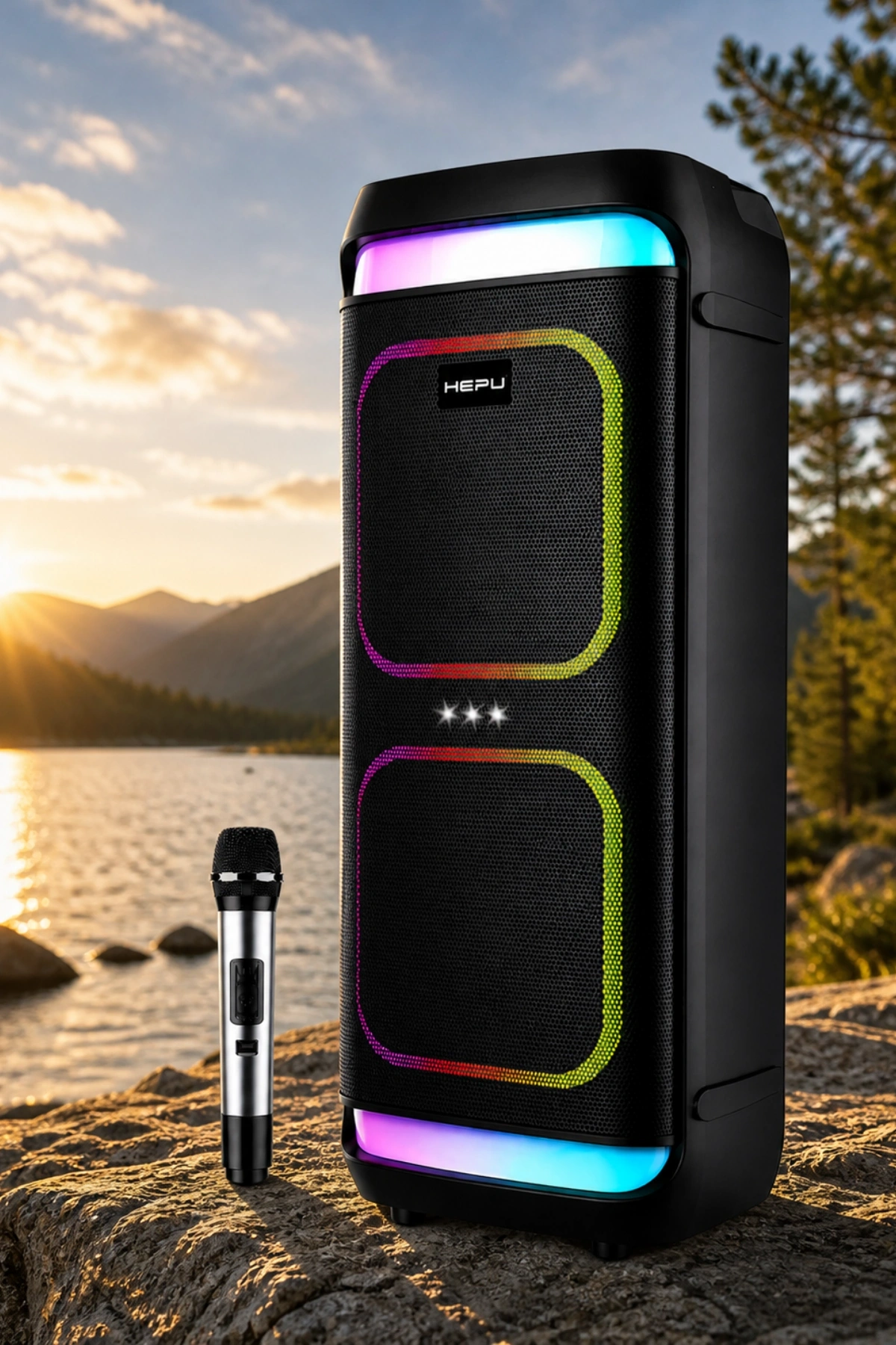 Hepu HP-986 24W Taşınabilir Partybox Hoparlör - Çift 8 Speaker Işıklı, Mikrofonlu, TWS Destekli Ses Sistemi