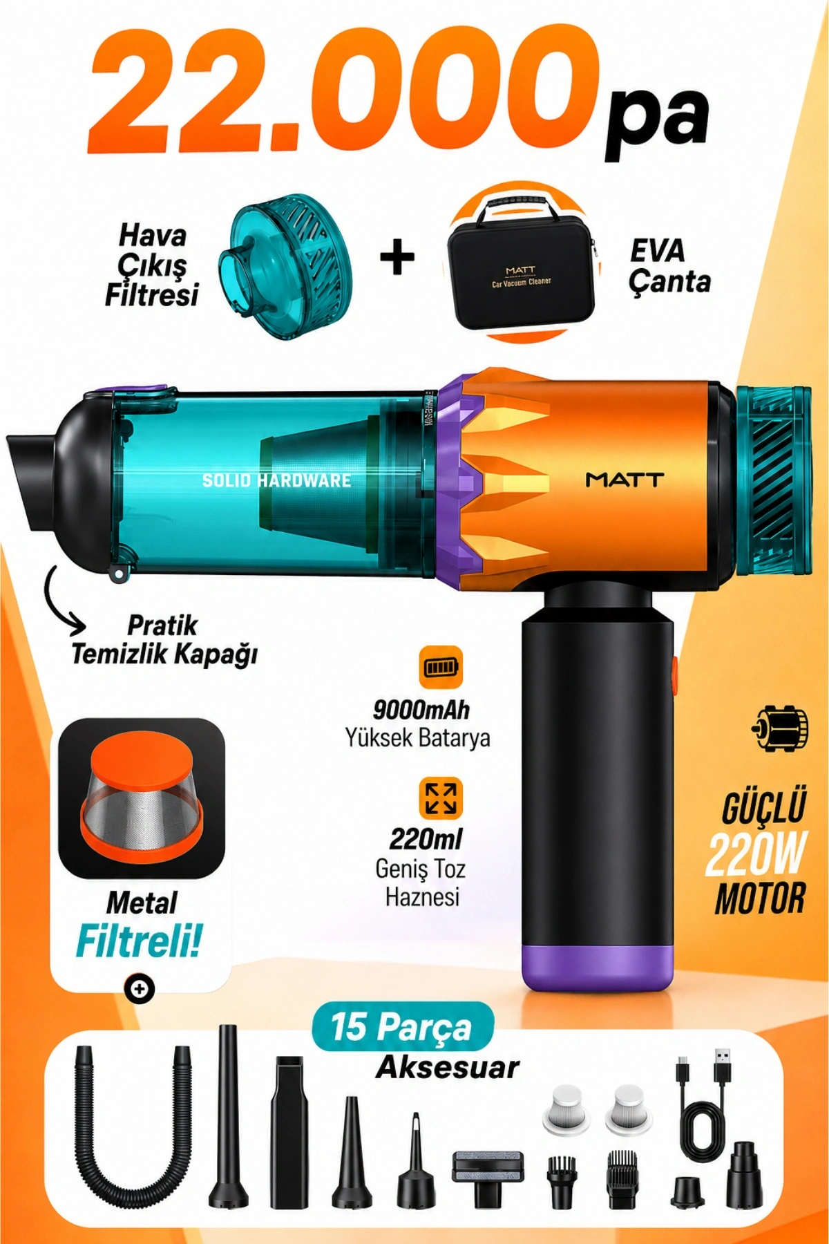 MATT MCV22 Şarjlı Araç Süpürgesi Sarı 22.000Pa Güçlü Vakumlu Type-C Şarjlı 220ML