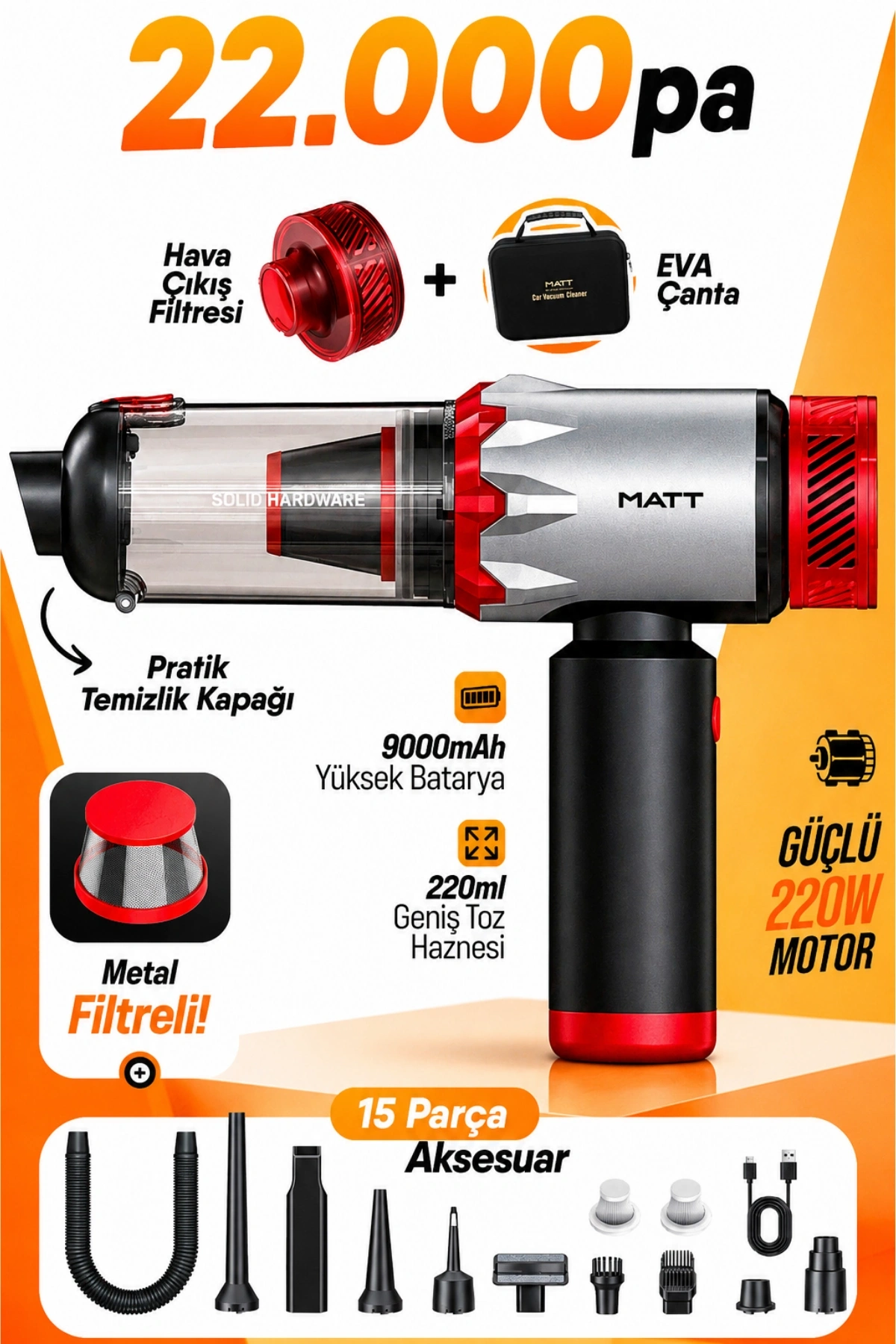MATT MCV22 Şarjlı Araç Süpürgesi Kırmızı 22.000Pa Güçlü Vakumlu Mini Type-C Şarjlı 220ML