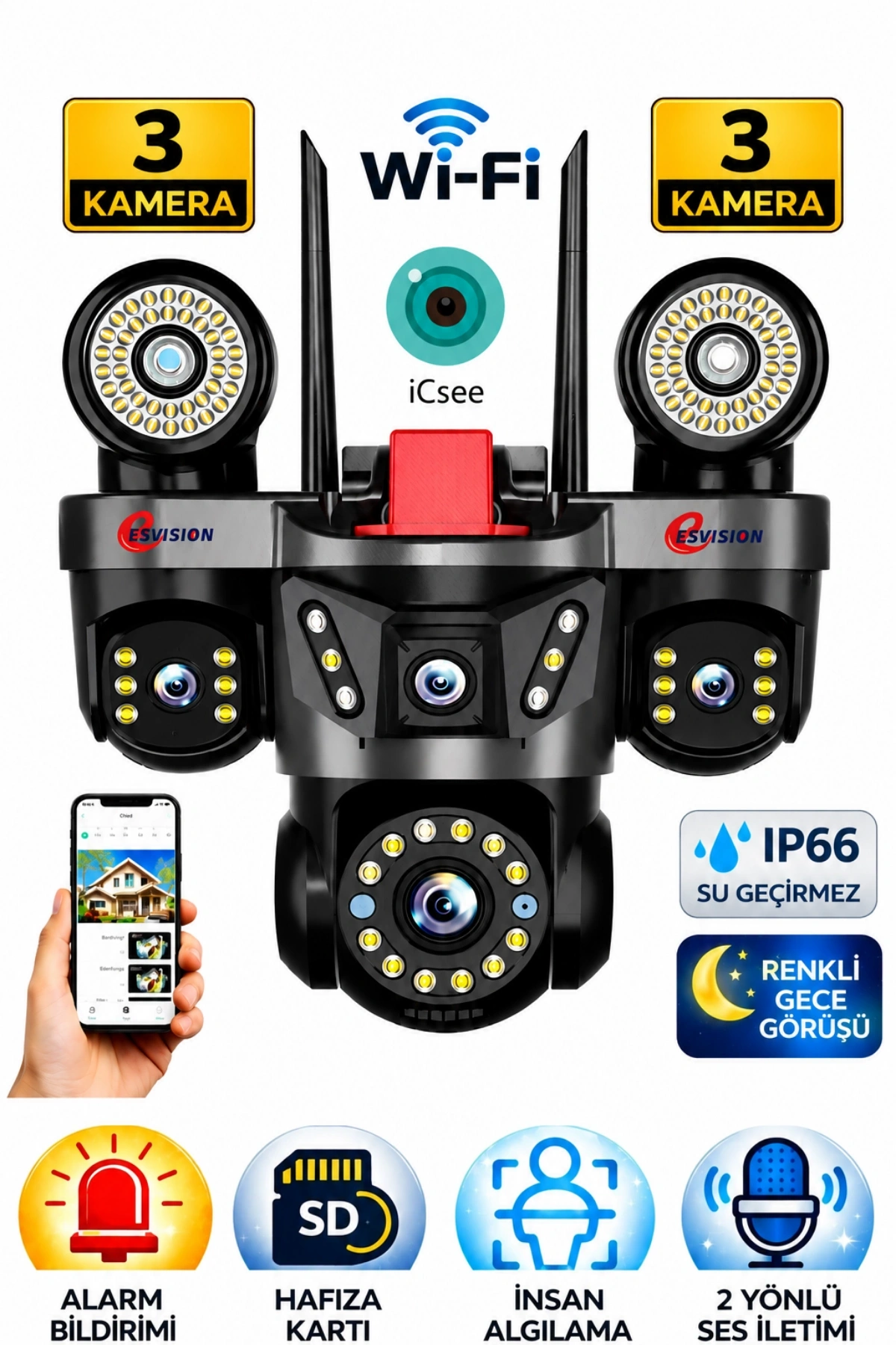 Esvision ES-9003 3 Lensli 9MP Akıllı WiFi Ptz Kamera Gece Görüşlü Güvenlik Kamerası