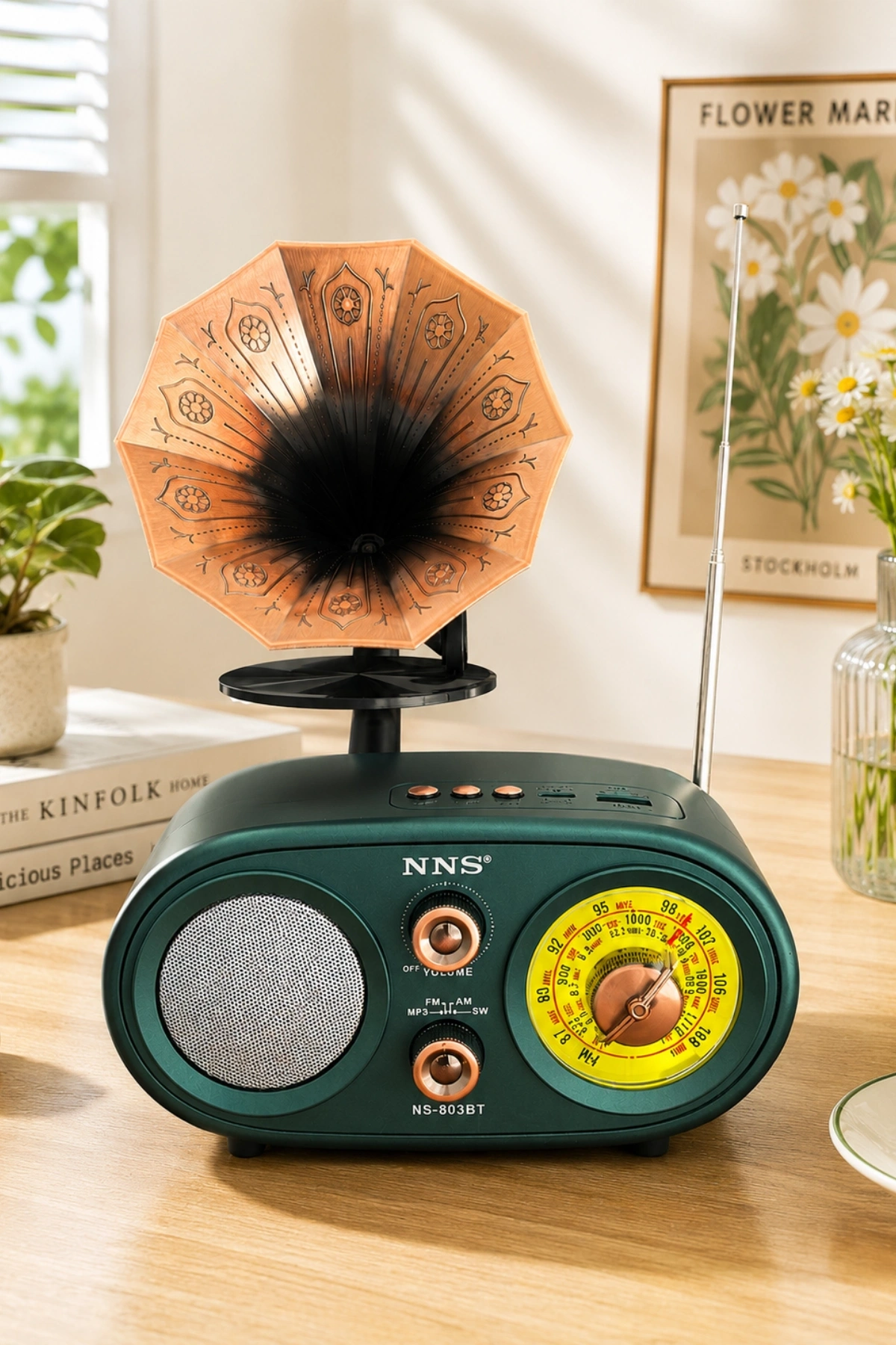 NNS NS-803BT Yeşil Retro Radyo Bluetooth Hoparlör USB TF Kart Şarjlı Nostaljik Radyo