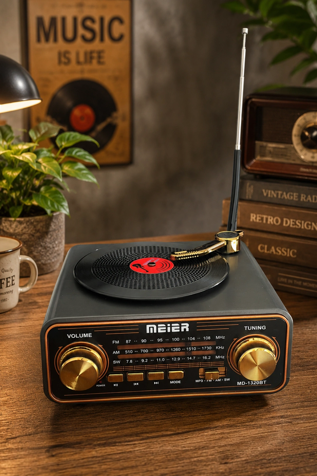 Meier MD-1320BT Siyah Nostaljik Görünümlü Bluetooth Hoparlör ve 3 Bantlı Şarjlı Radyo