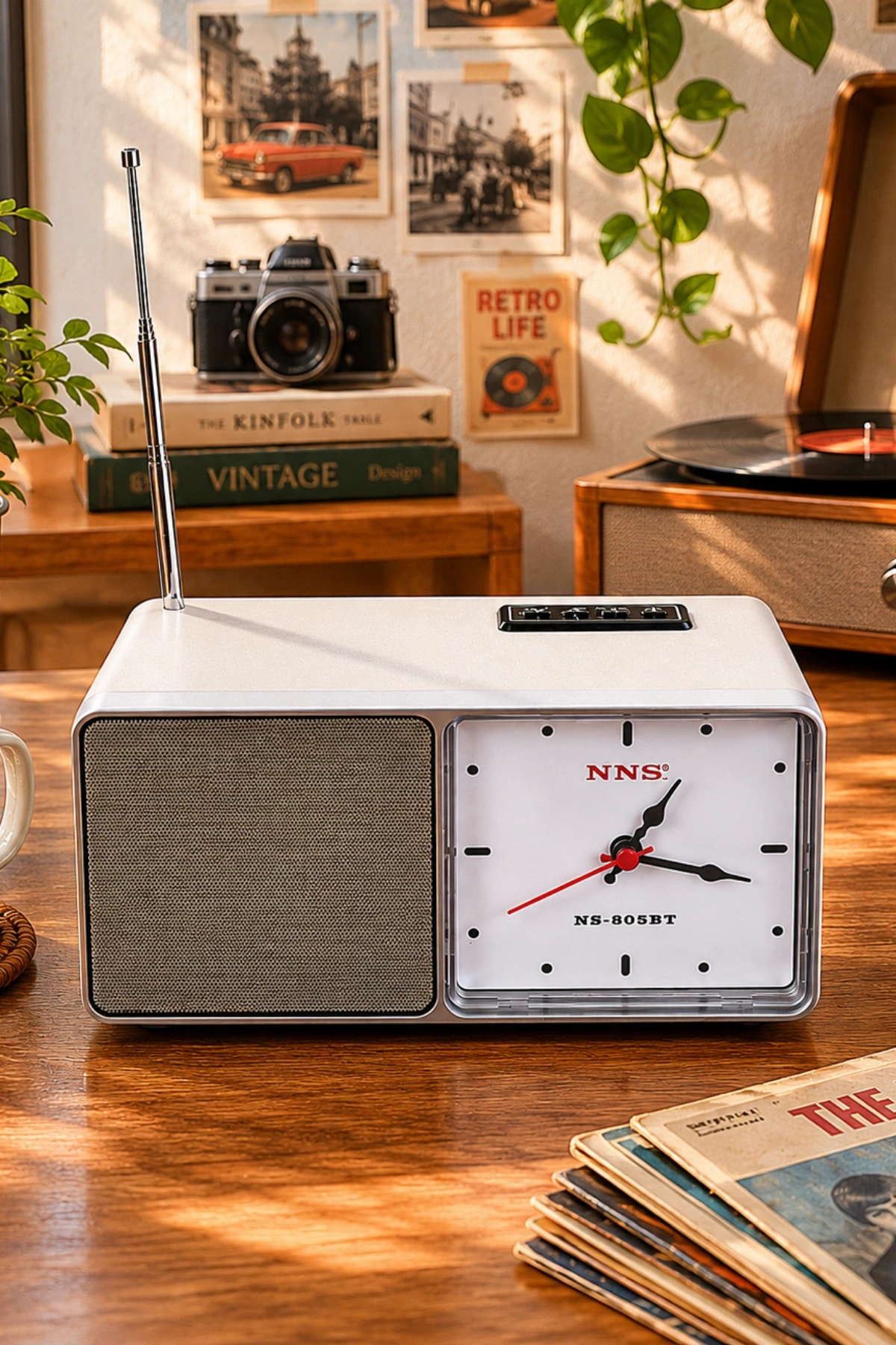 NNS NS-805BT Gri Nostaljik Retro Radyo - Bluetooth Hoparlörlü, Saatli ve Şarjlı Masa Radyosu