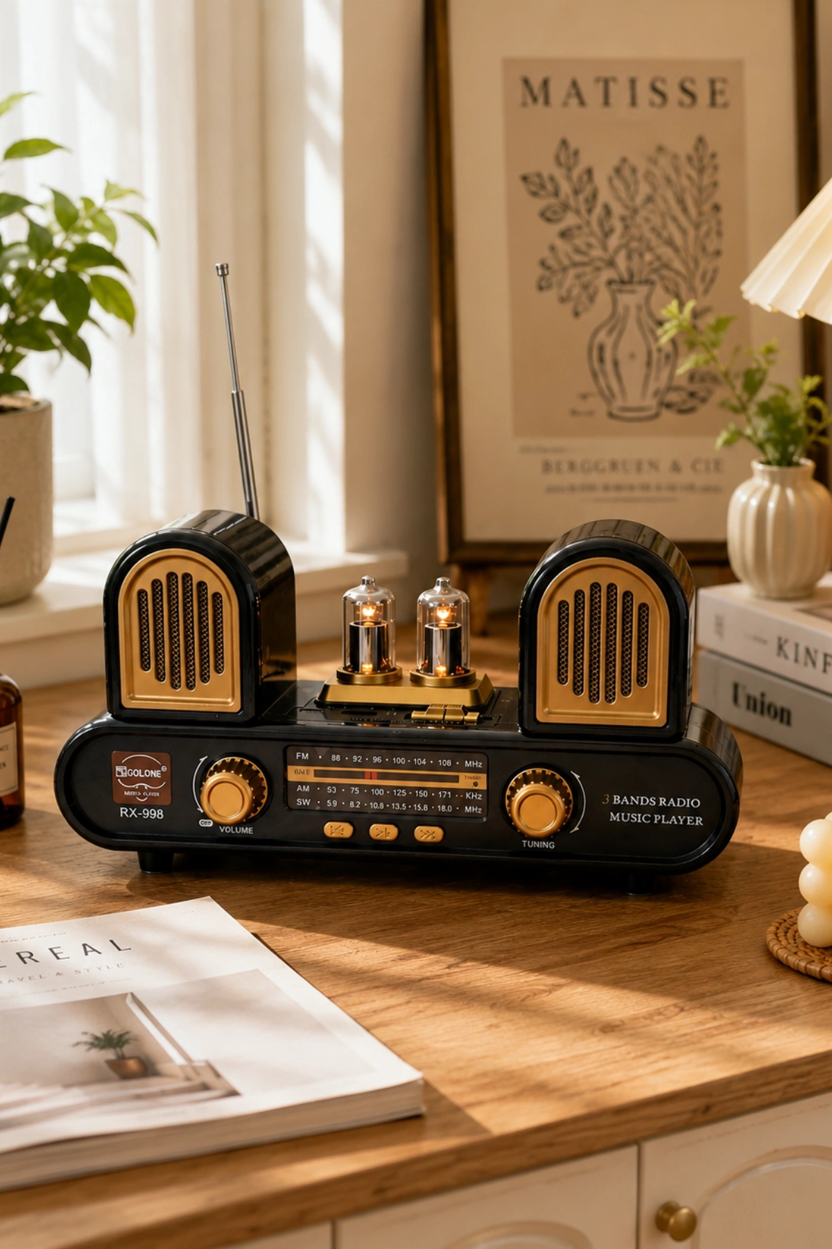 Golon RX-998 Siyah Nostaljik Şarjlı Radyo Bluetooth Hoparlör USB TF Kart FM/AM/SW 3 Bantlı