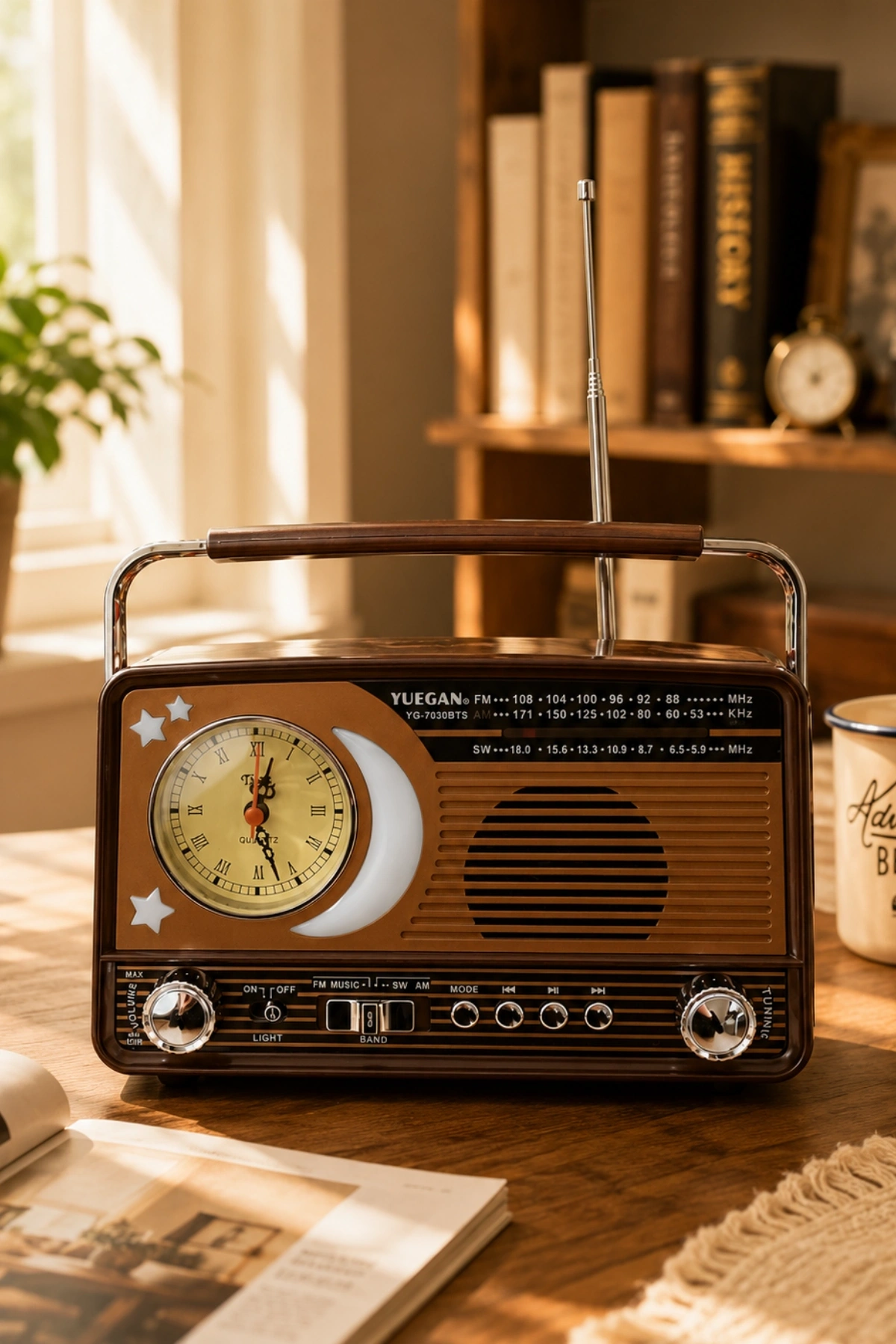 Yuegan YG-7030BTS Güneş Enerjili Solar Nostaljik Radyo El Fenerli, USB/TF Kart Girişli Hoparlör ve Saatli Radyo